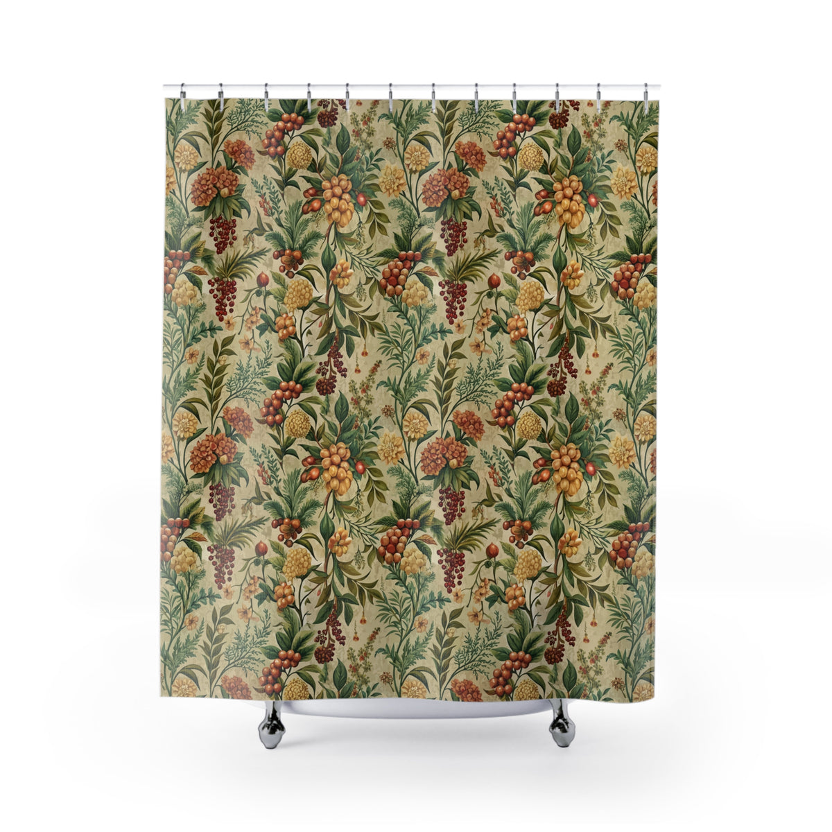 a shower curtain with a repeating pattern of green leaves, red berries, and yellow flowers.