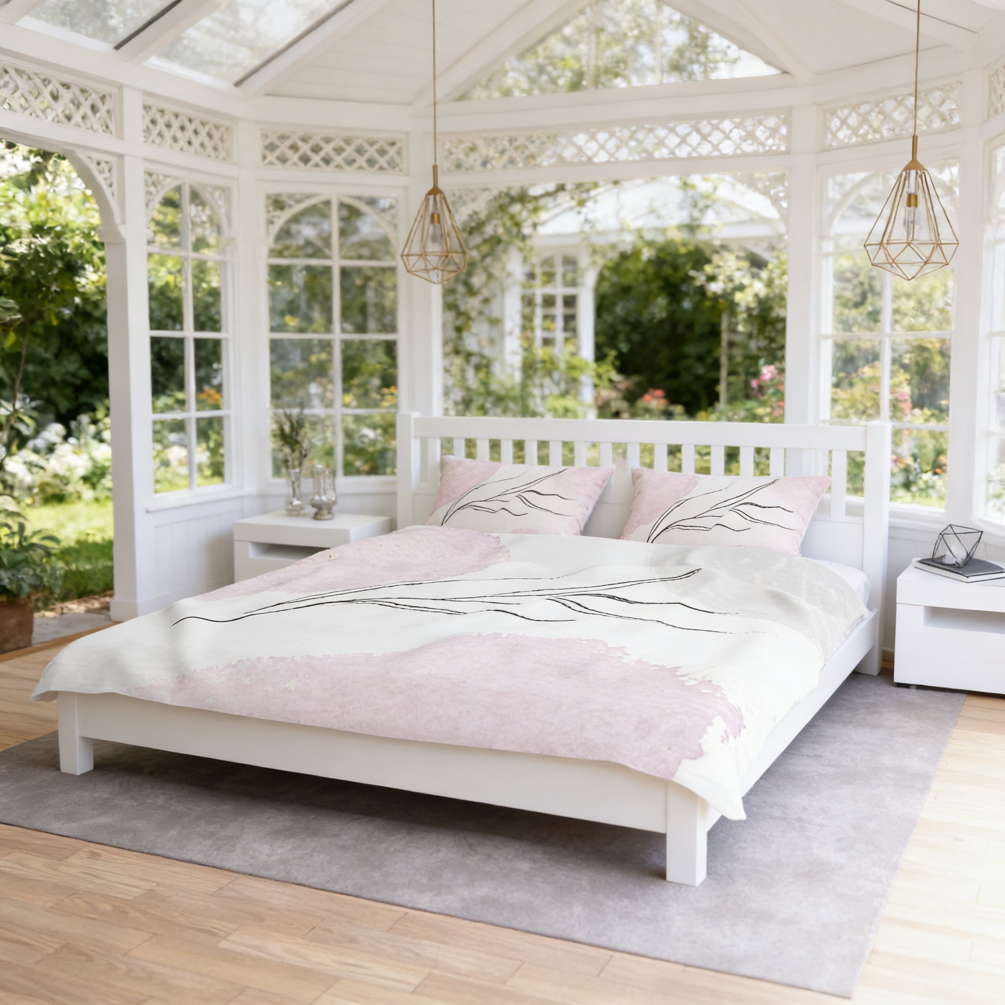a serene and cozy bedroom with a large bed, white furniture, and a glass-walled structure that allows natural light to flood the space.