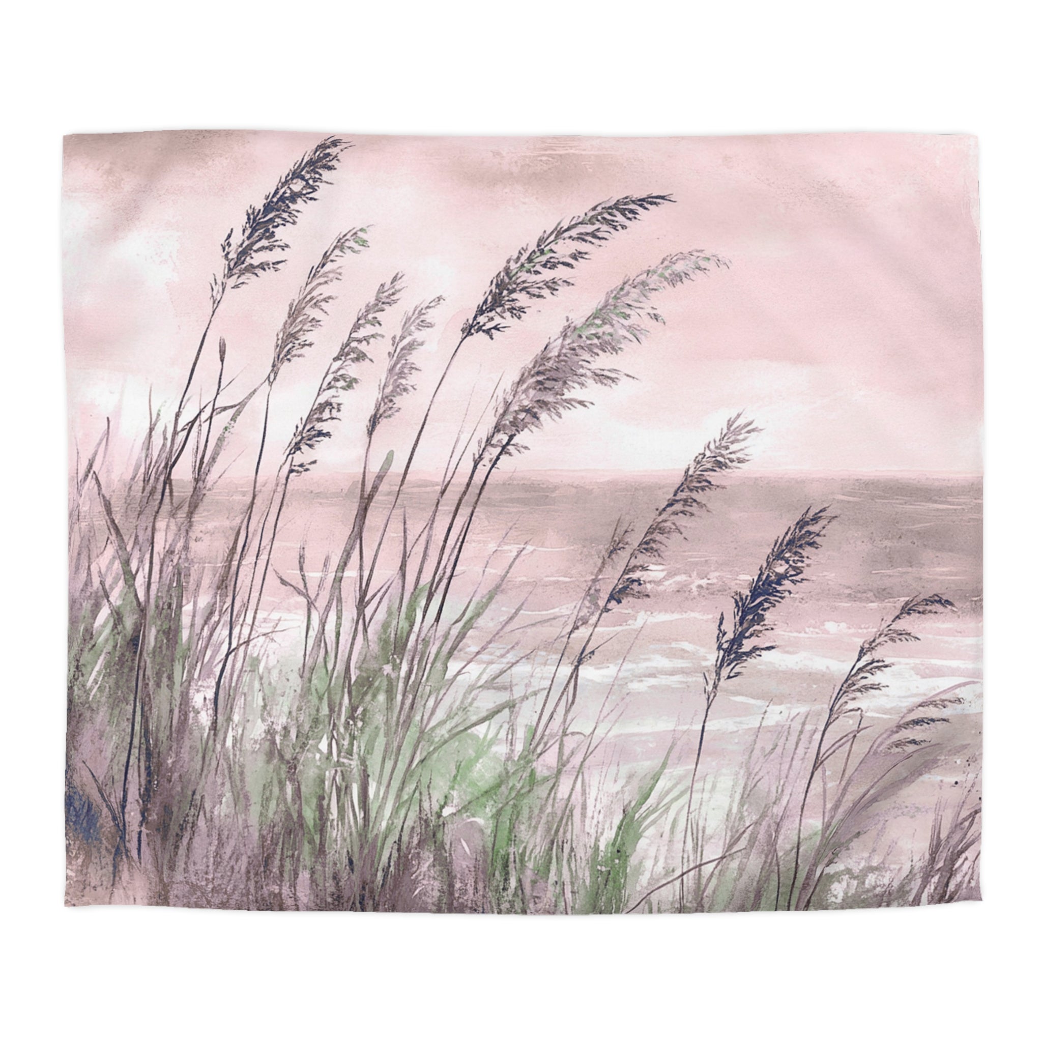 Costal Beach Duvet Cover | Blush Pink, Green Ocean Bedding Boho Decor