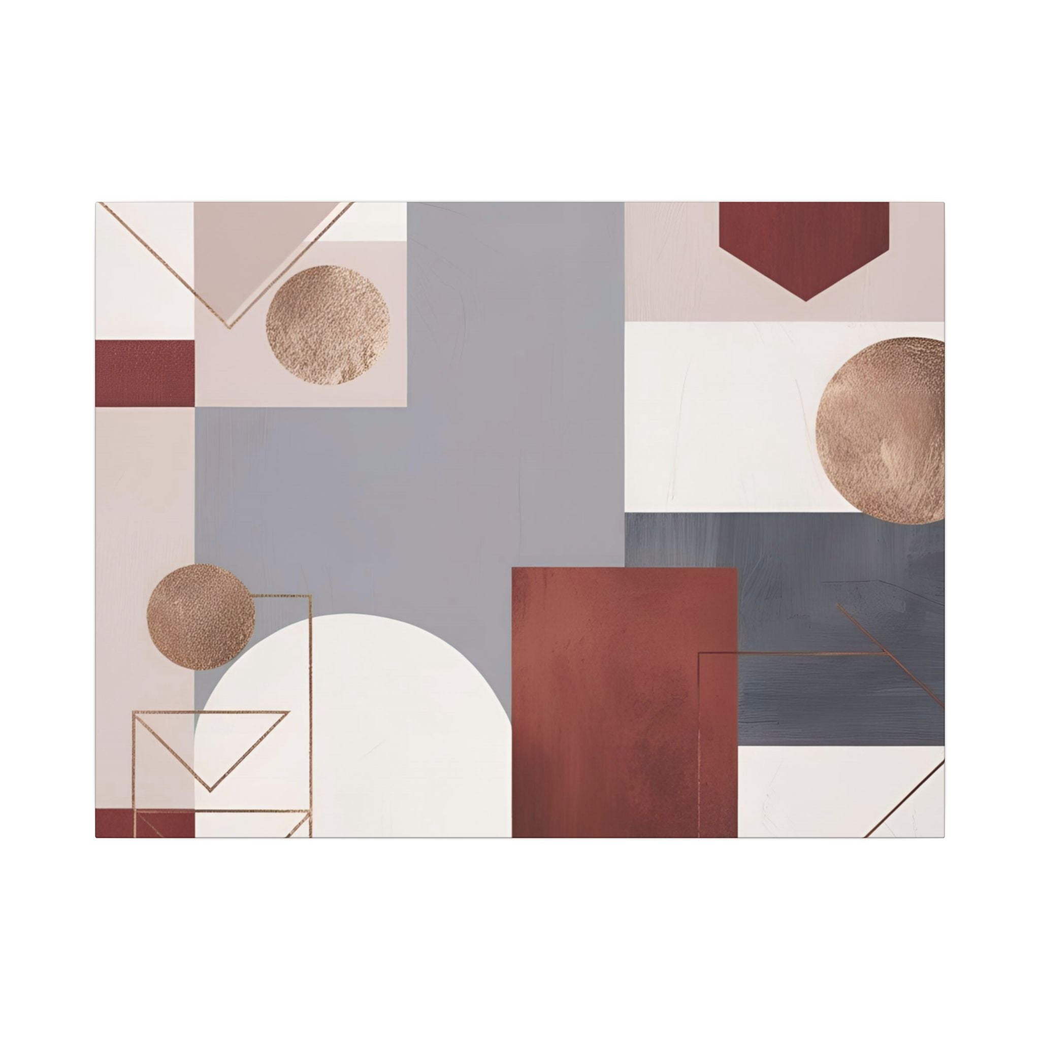 The image is a modern abstract art piece featuring a variety of geometric shapes and patterns in shades of gray, red, and white.