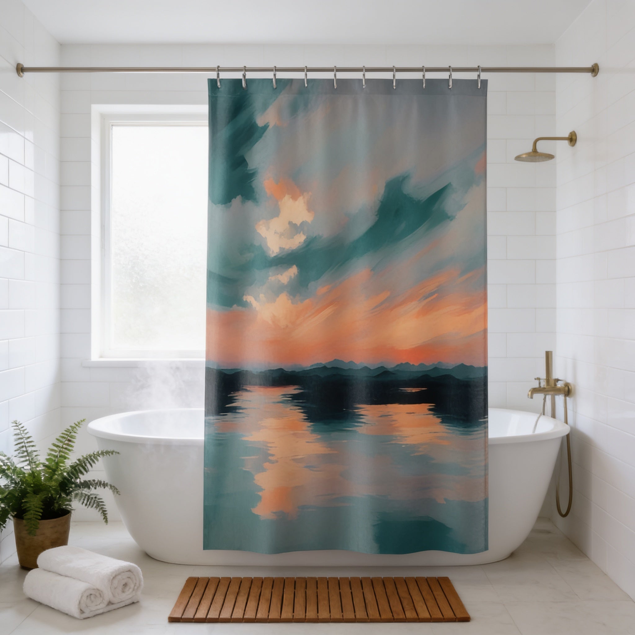a bathroom with a white bathtub, a shower curtain with a sunset landscape design, and a wooden mat on the floor.