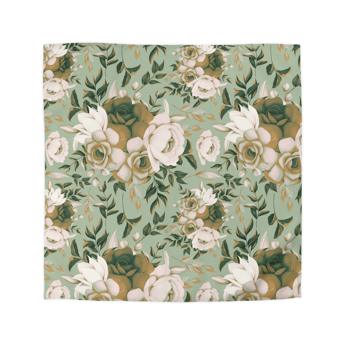 a repeating floral pattern with white and green flowers and leaves against a light green background.