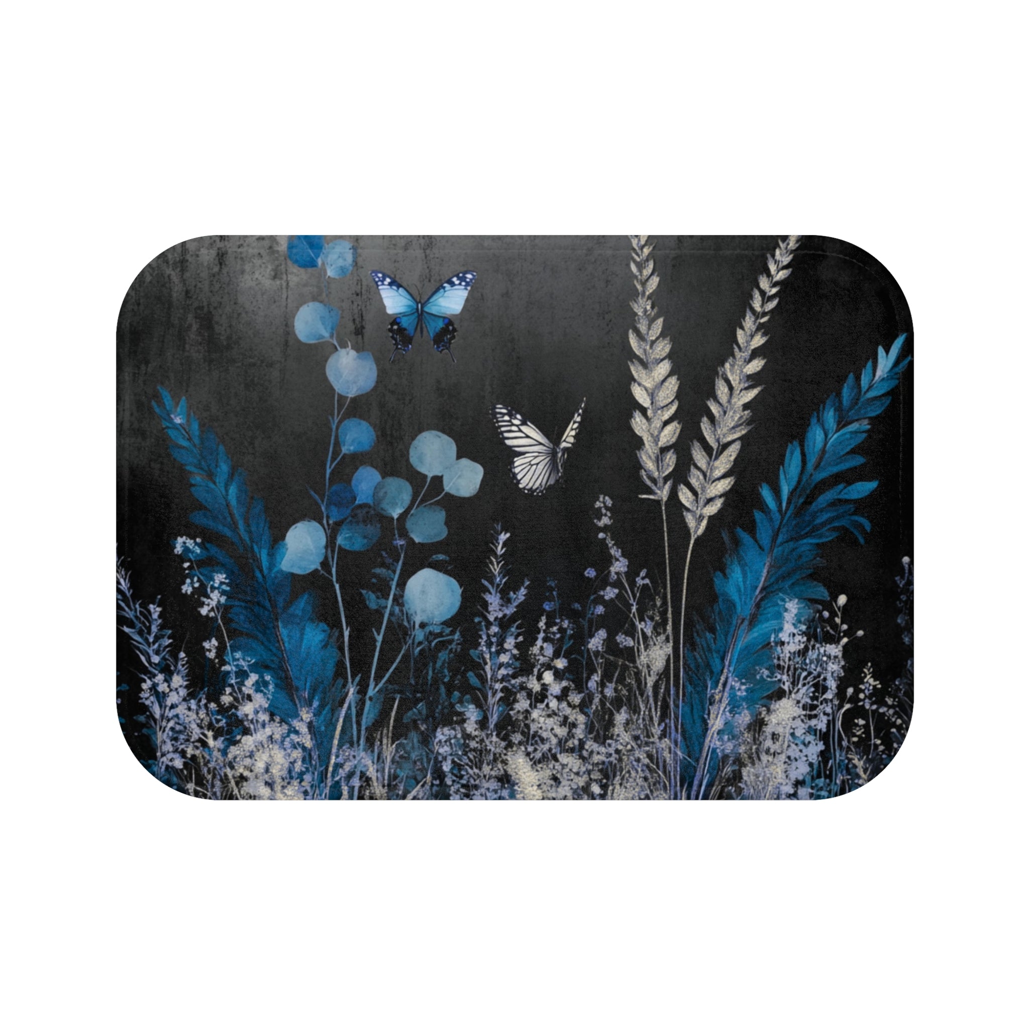 Abstract Bath Mat | Grey Blue Butterflies Watercolor Kitchen Mat