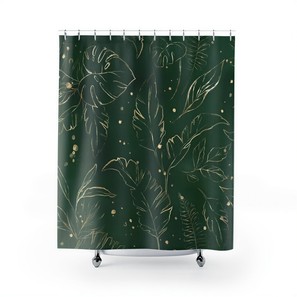 Floral Shower Curtains Green Beige Monstera hanging in a bathroom