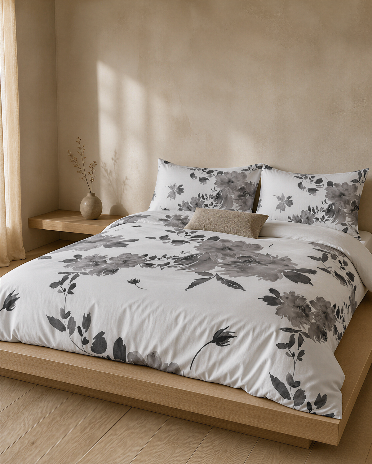 a modern bedroom with a large bed featuring a white and black floral comforter and matching pillows. The bed is placed on a wooden platform, and there is a small vase with dried flowers on the nightstand next to it. The room has a neutral color scheme with beige walls and a wooden floor, creating a serene and calming atmosphere.