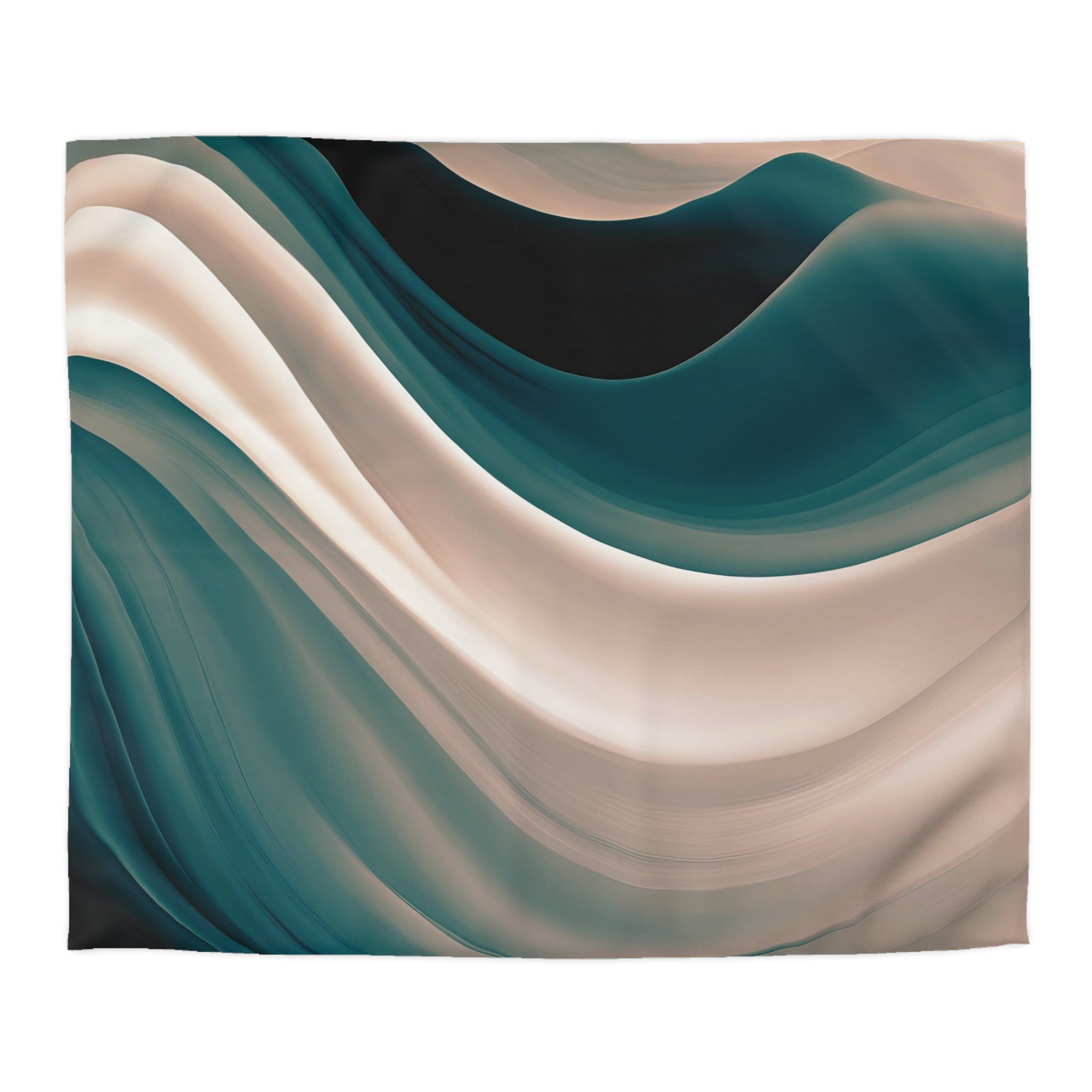 The image is a square with abstract, wavy patterns in shades of blue, green, and white. The patterns are swirling and overlapping, creating a sense of movement and dynamism.