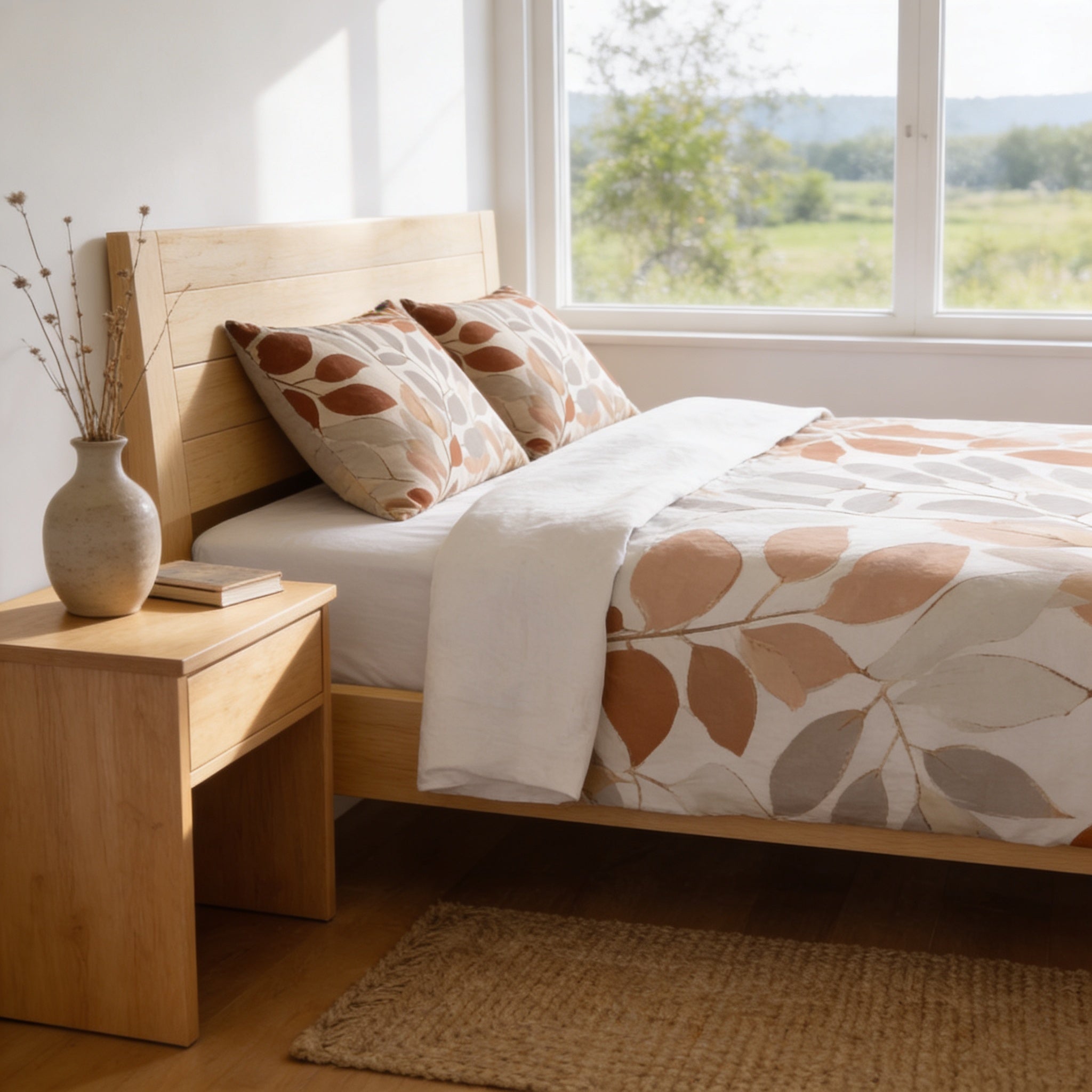 a serene bedroom scene with a bed, nightstand, and a vase of flowers. The bed is covered in a white and brown leaf-patterned comforter, and the nightstand has a wooden headboard and a small vase of flowers. The room has a large window that offers a view of a lush green field and trees, creating a peaceful and relaxing atmosphere.