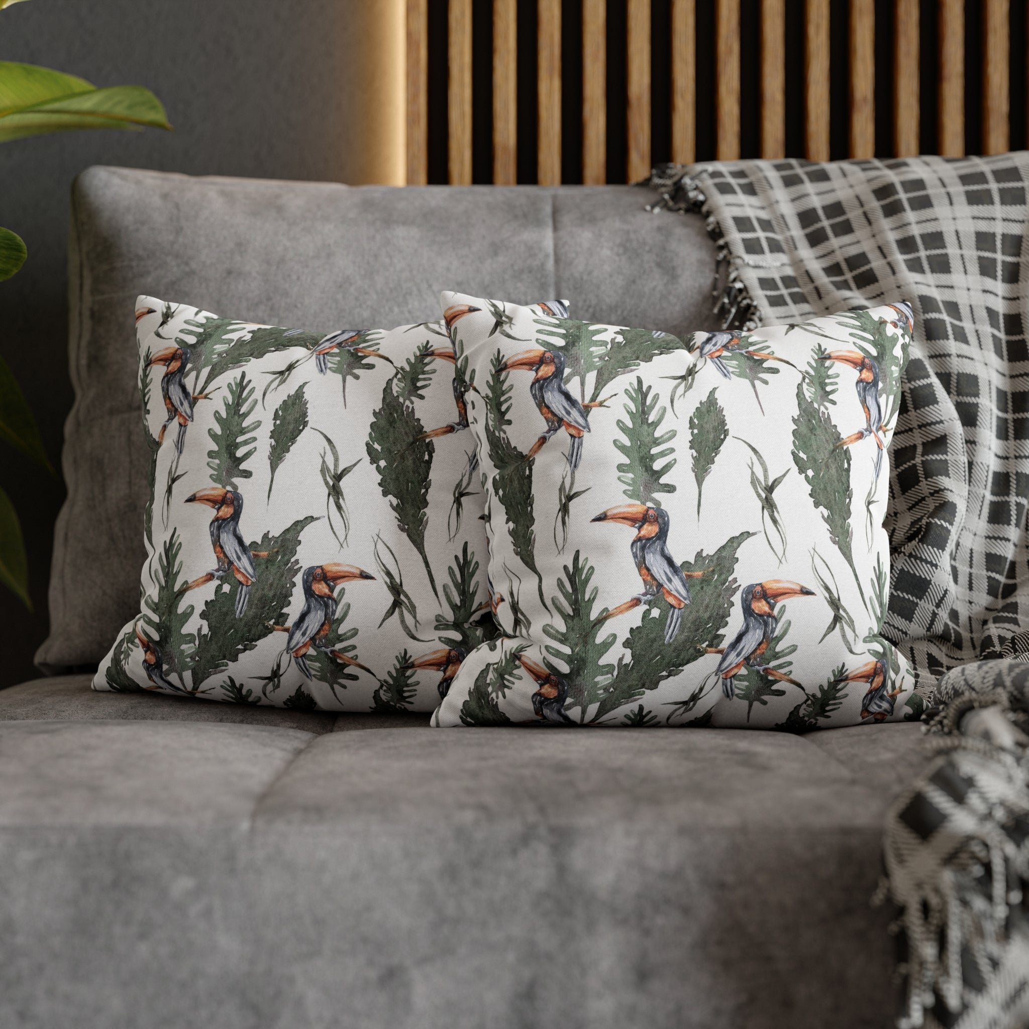 Tropical Tucan Floral Pillow Cover | White Sage Green Jungle Leaves