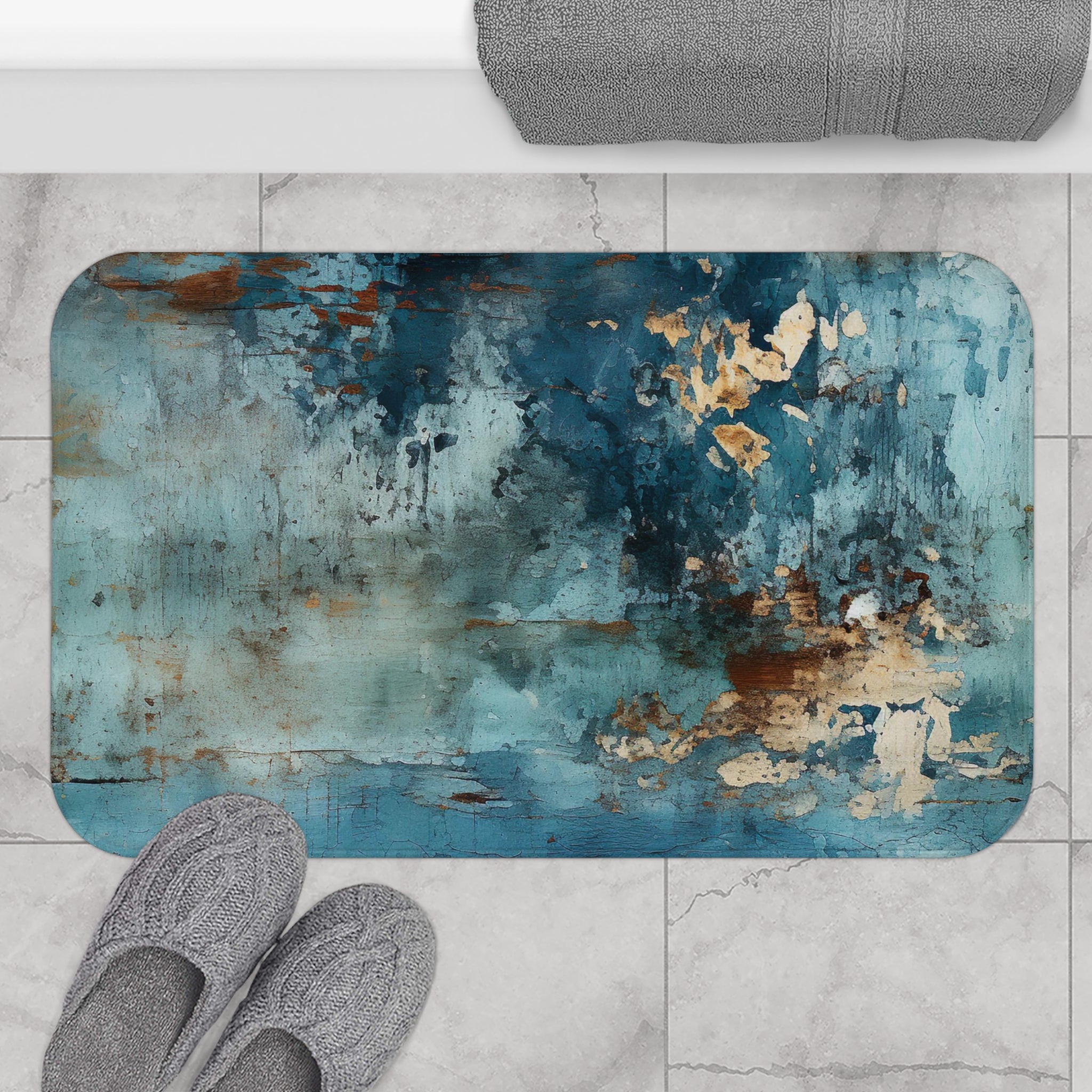 Rustic Bath Mat | Blue Faded Wooden Print