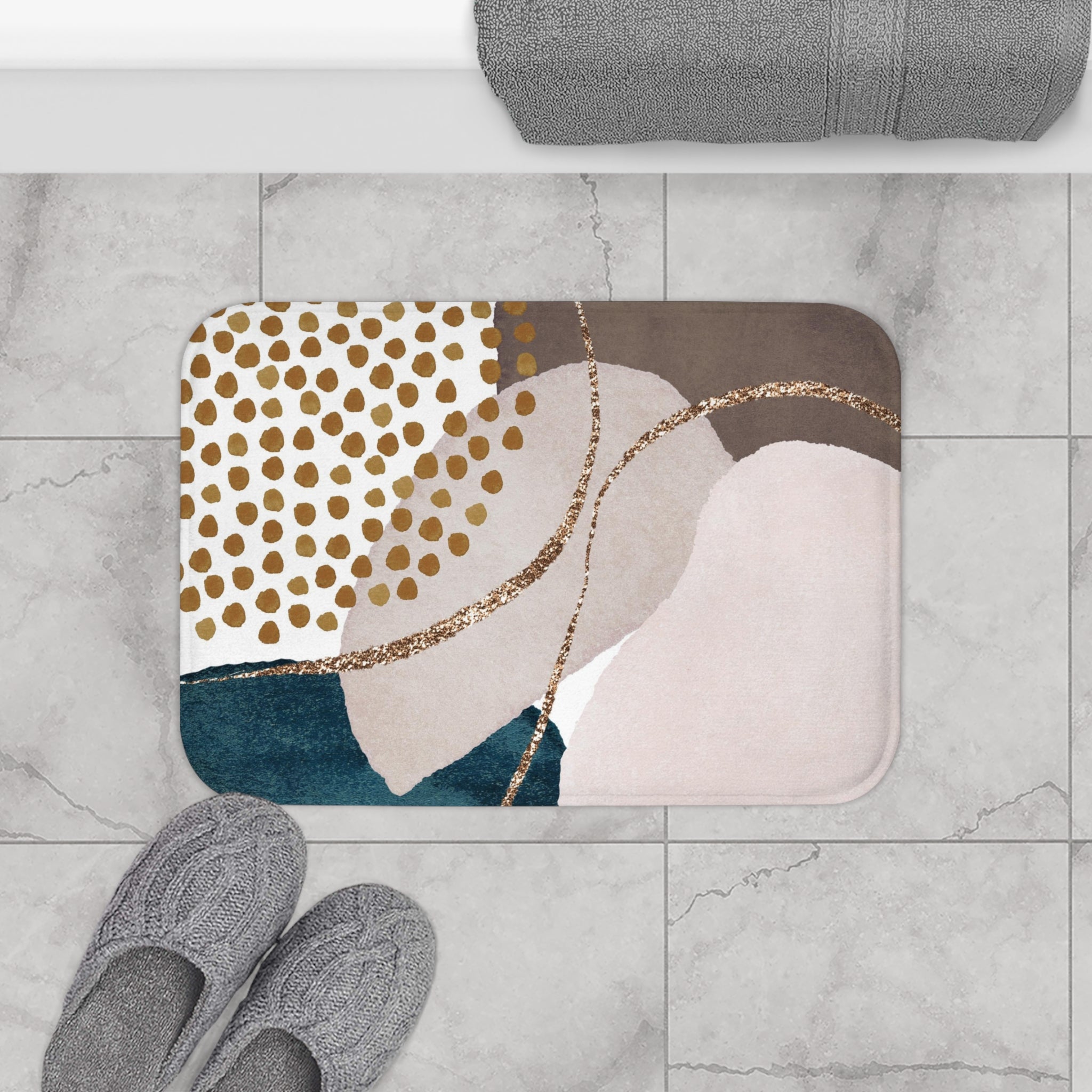 Boho Bath, Kitchen Mat | Modern Brown Navy, Blush Watercolor