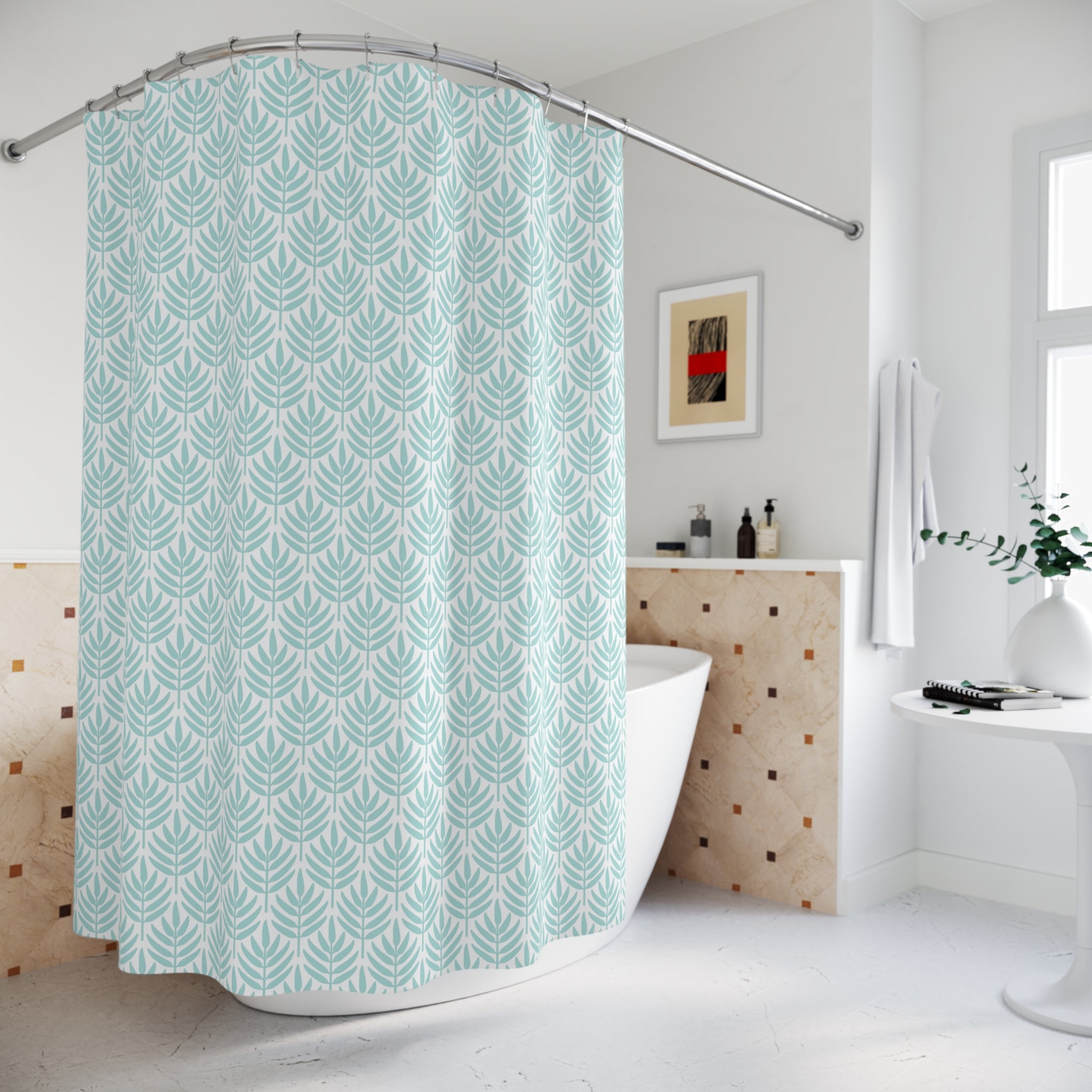 Boho Shower Curtain | Abstract Floral, Mint Blue