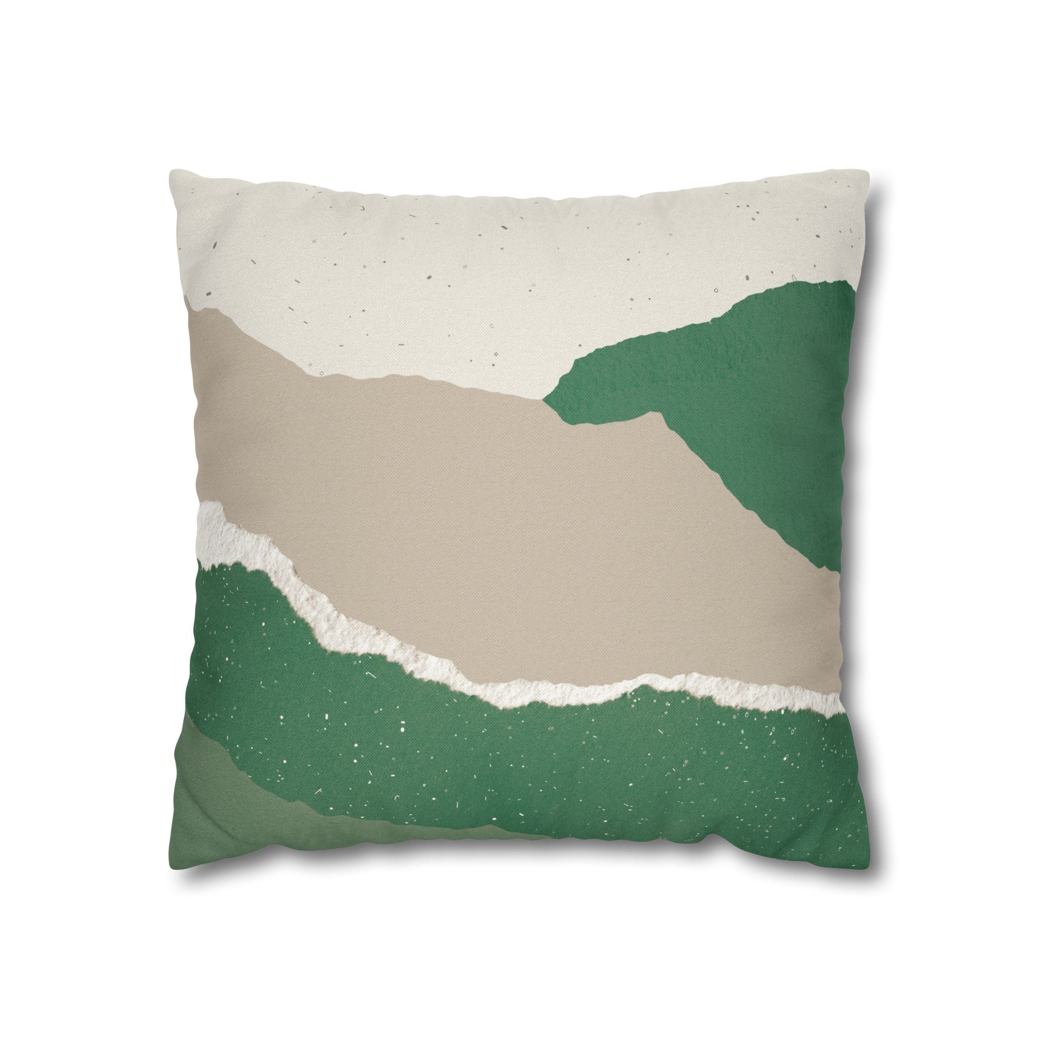 A square throw pillow with a minimalist design featuring a combination of green and beige colors, along with some white speckles or dots.