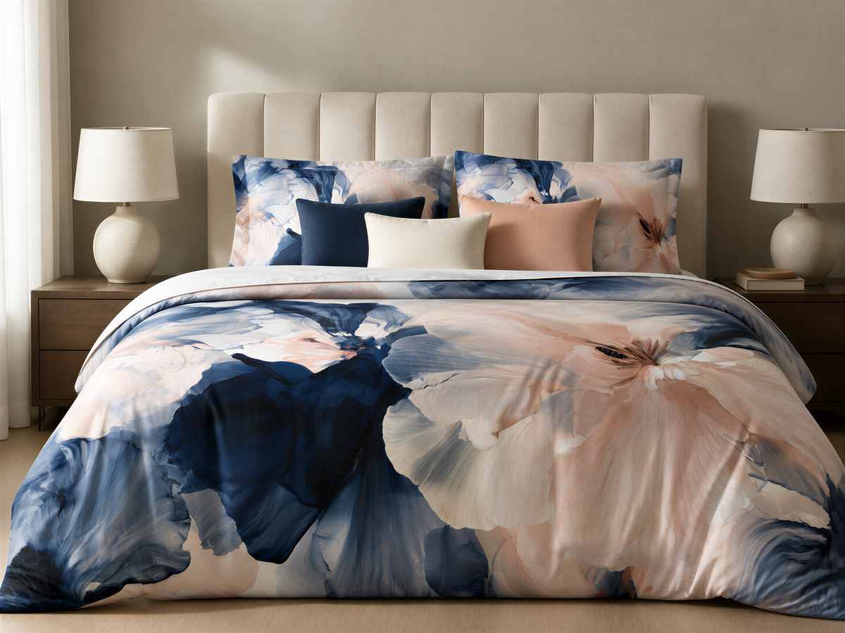 a bed with a floral comforter and two lamps