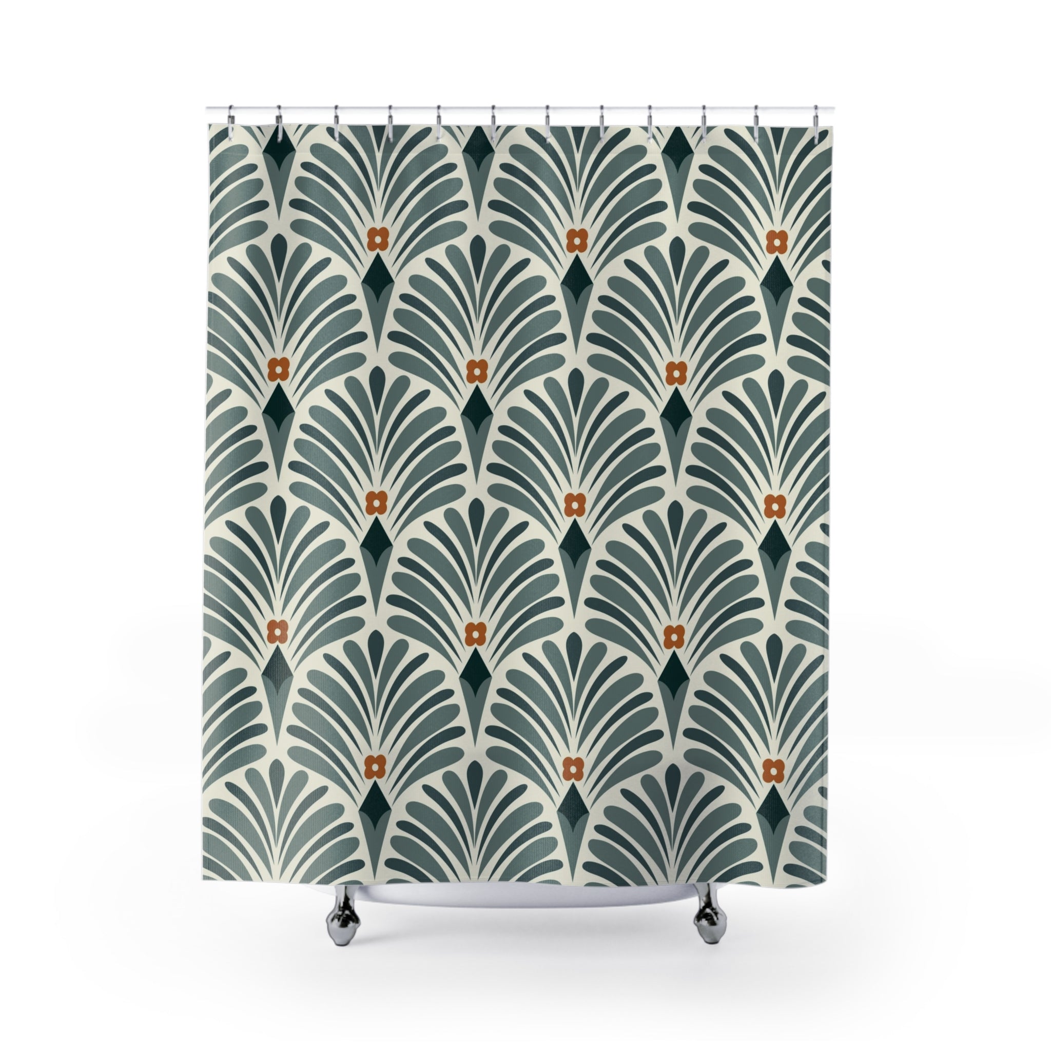 Boho Shower Curtain | Retro Green Art Deco, Nouveau