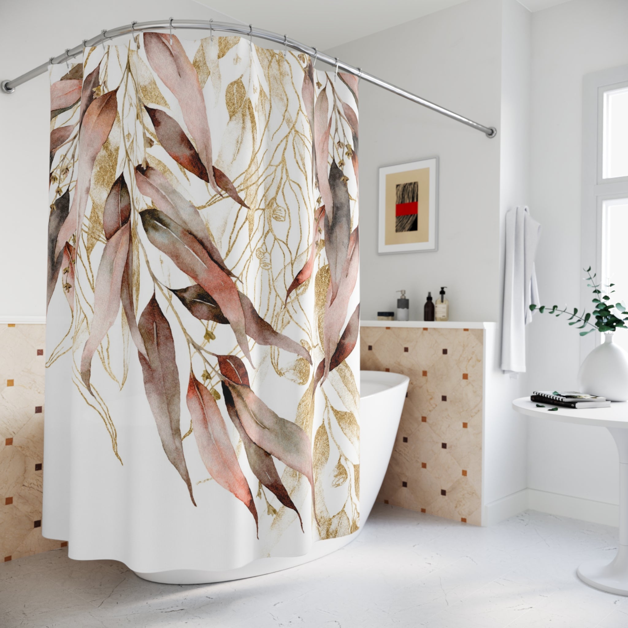 Boho Shower Curtain | Floral Leaves Watercolor Fabric Curtain