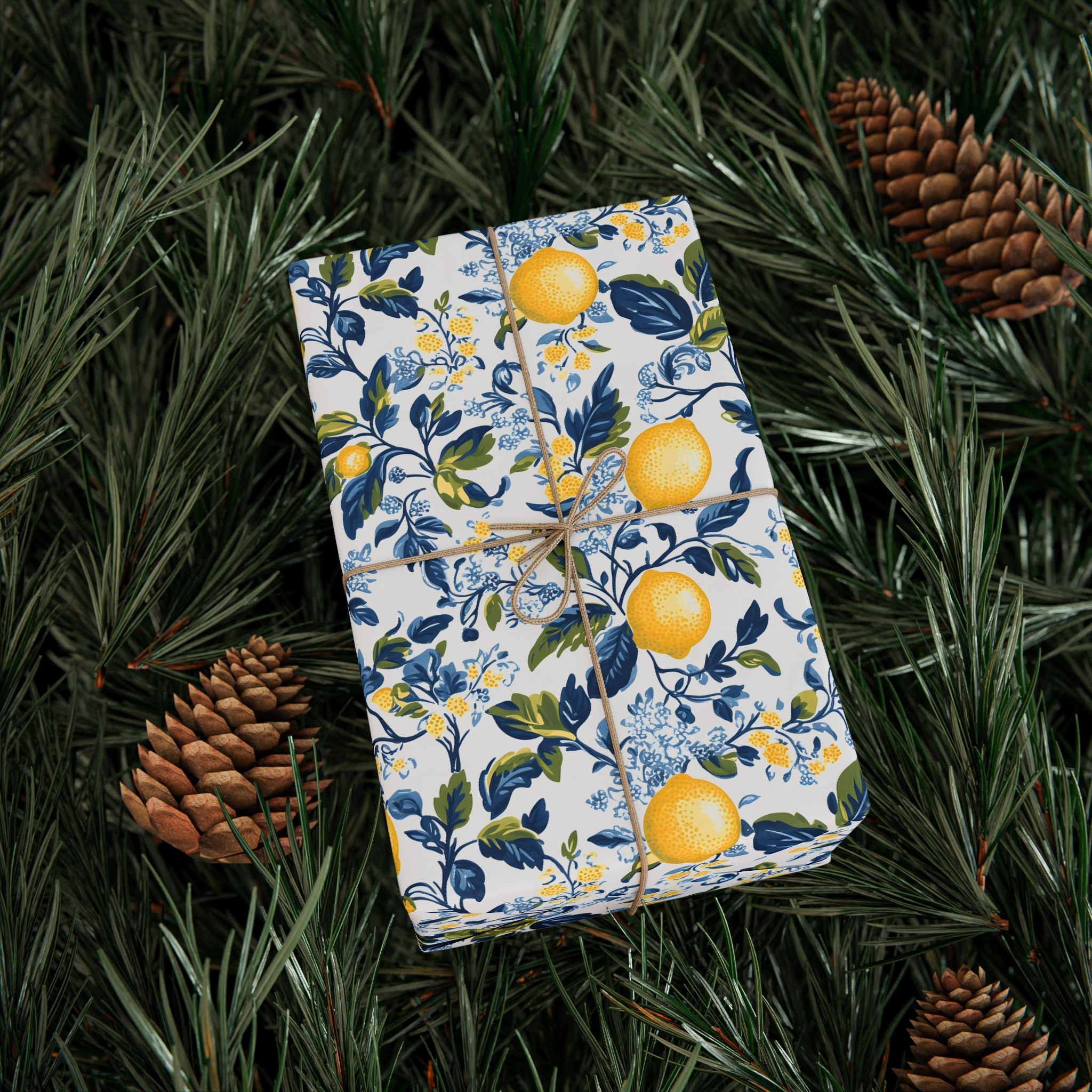 Lemon Wrapping Paper | Mediterranean Floral Gift Wrap for the Holidays, Birthdays