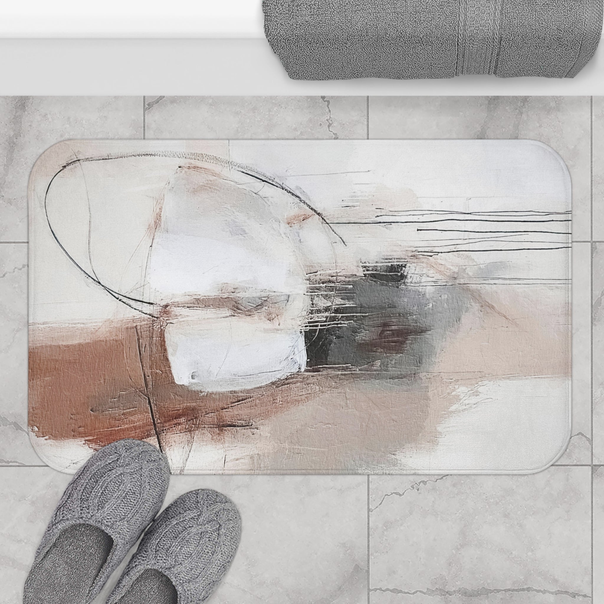 Abstract Bath Mat | Neutral Beige Grey White Kitchen Mat