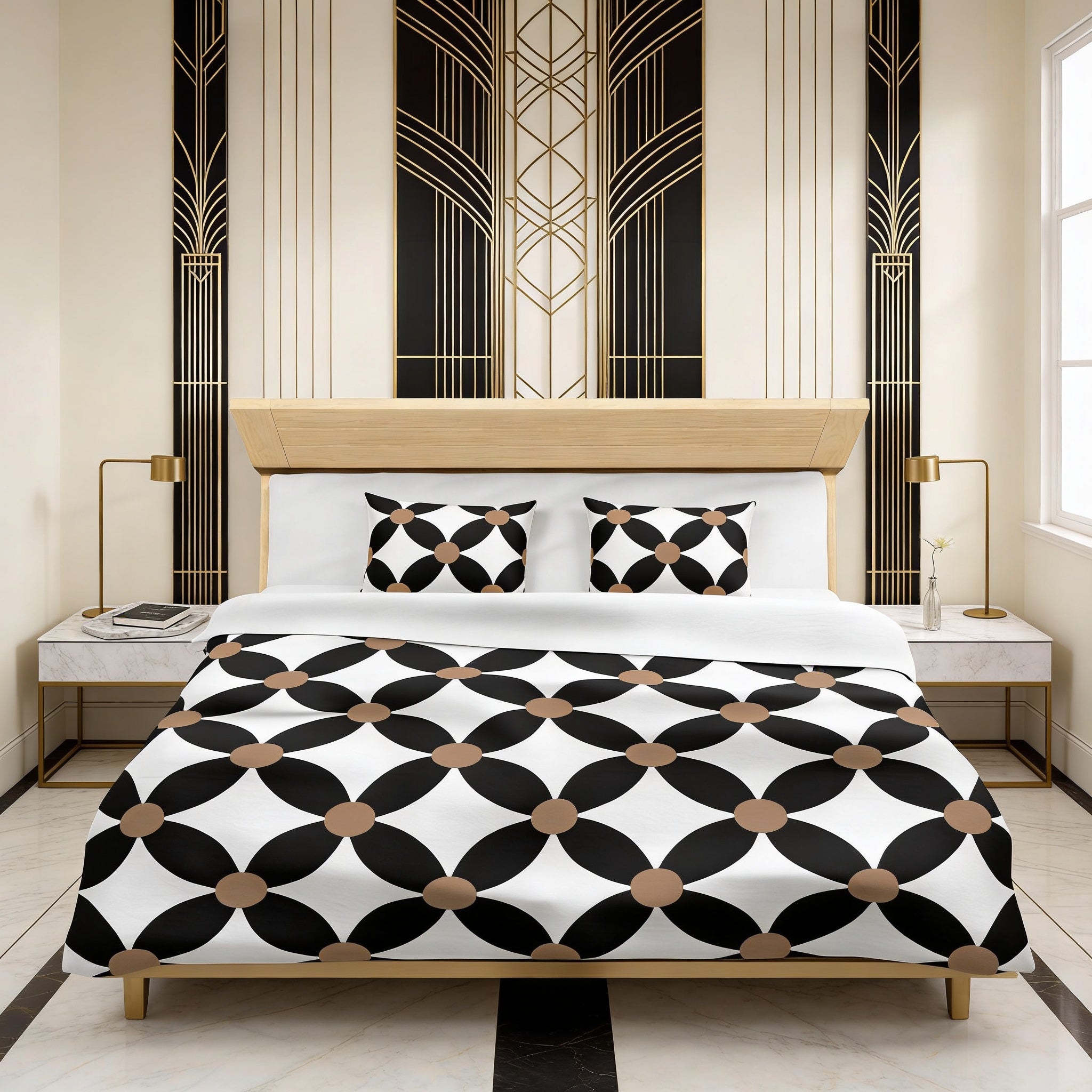 a modern bedroom with a large bed, a wooden headboard, and a black and white geometric patterned comforter. The room has a minimalist and elegant design, with a white wall and a gold-framed mirror above the bed.