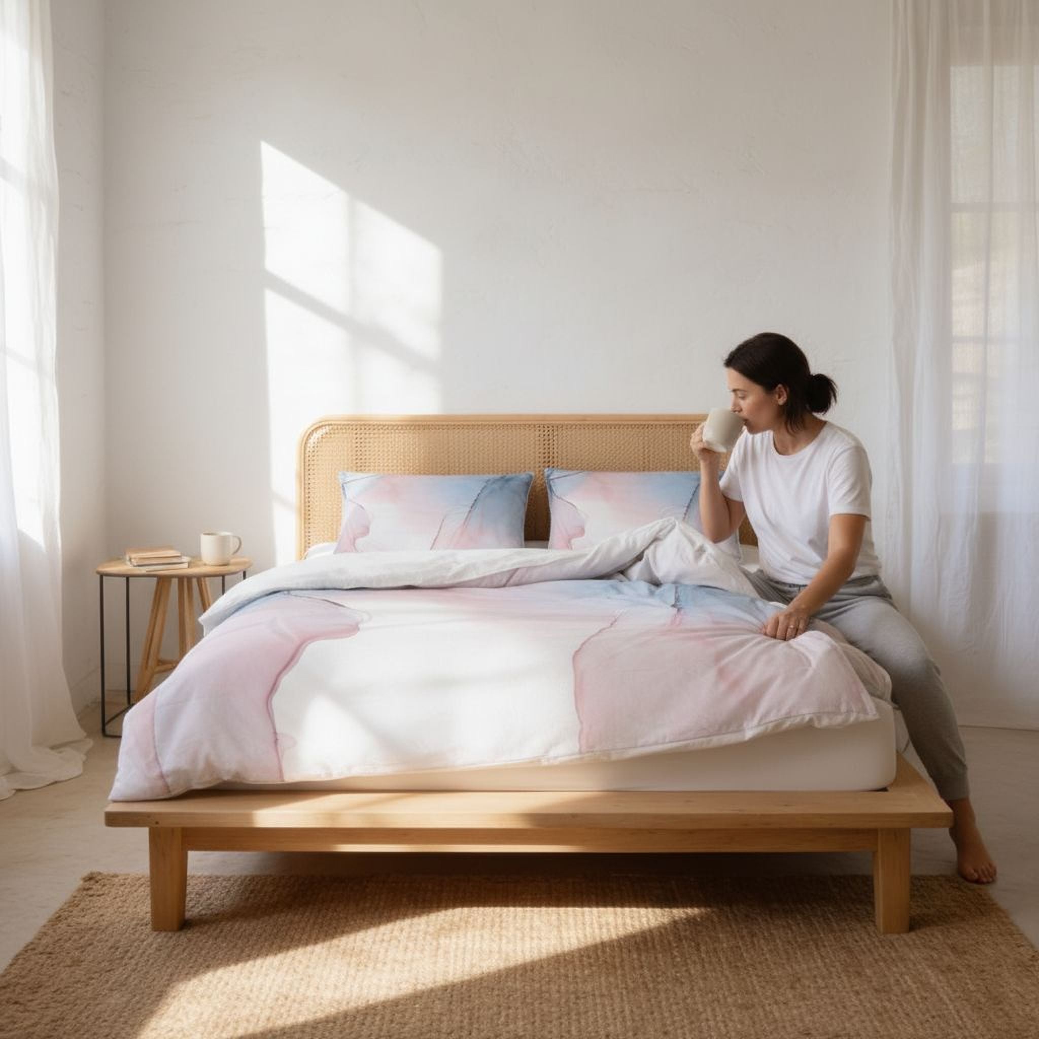 A woman sits on a bed in a bright, white-walled bedroom, sipping from a mug.