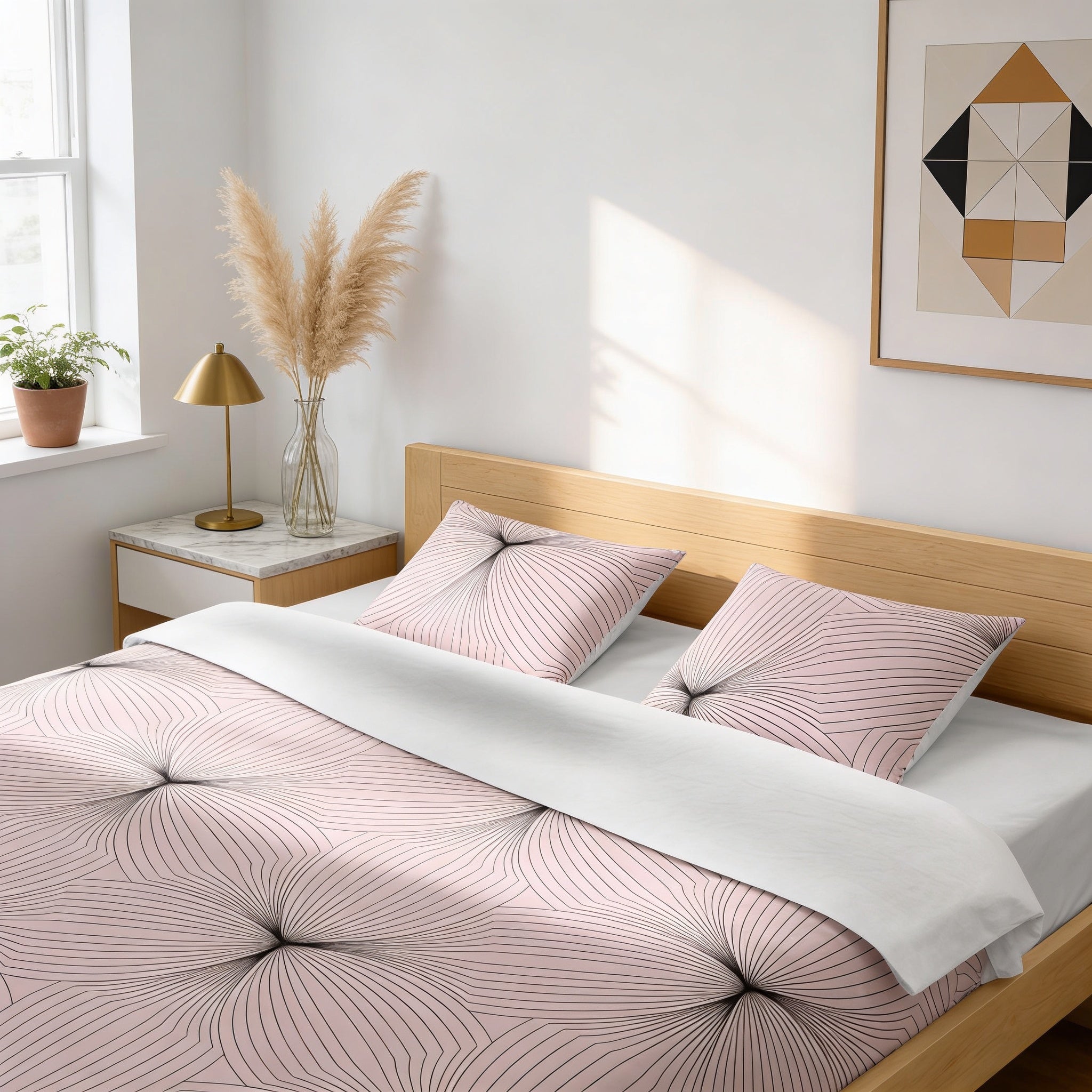 a bedroom with a bed, a nightstand, and a framed artwork on the wall. The bed has a pink and white patterned comforter and matching pillows. The nightstand has a lamp and a vase with potted plants. The framed artwork on the wall adds an artistic touch to the room.