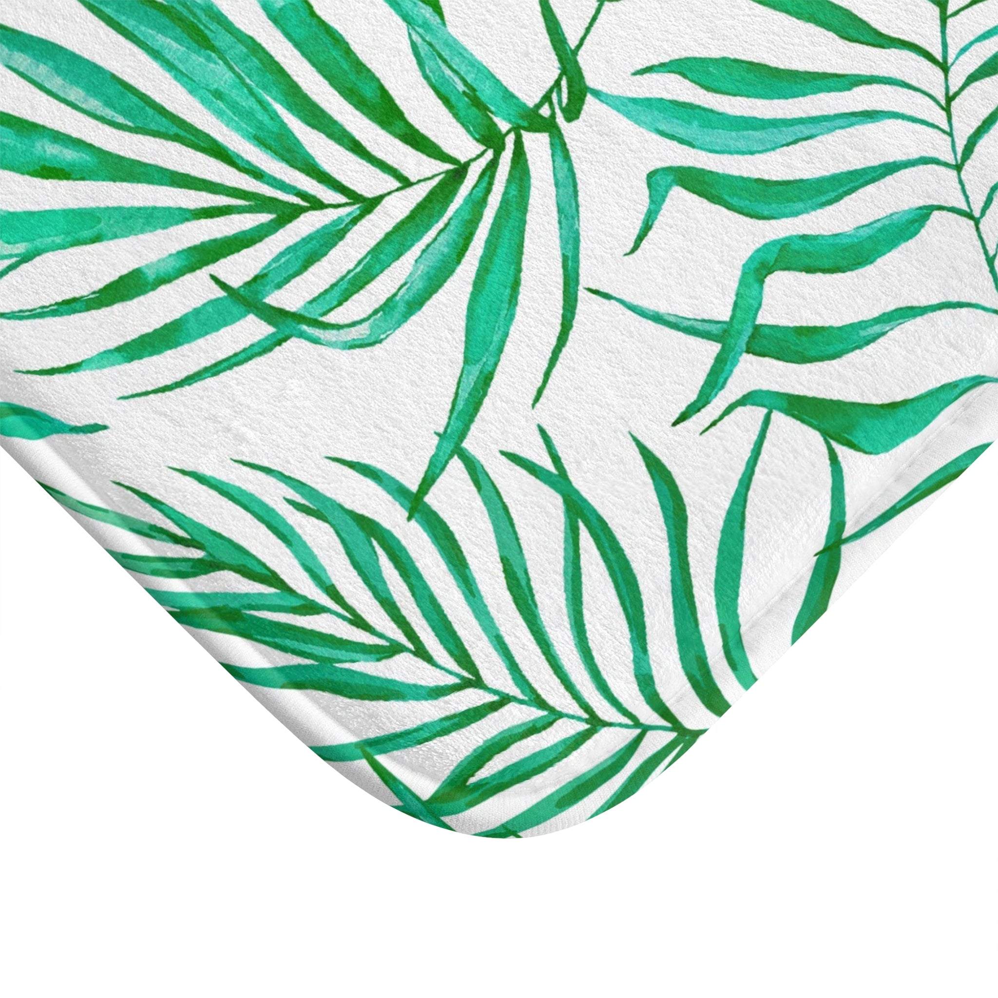 Floral Bath, Kitchen Mat | Tropical Green Palm Leaves, White