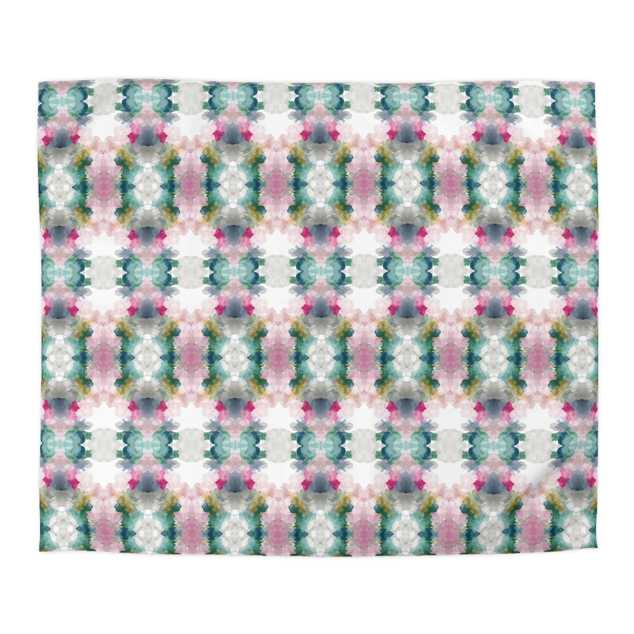 a repeating pattern of colorful flowers in shades of pink, green, and blue.