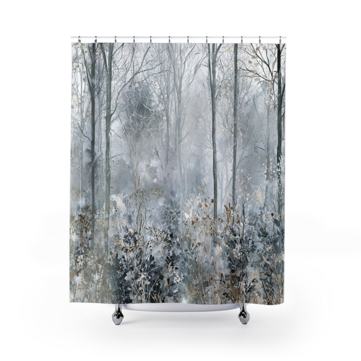 Grey Blue Misty Winter Forest Shower Curtain, Bath Curtain
