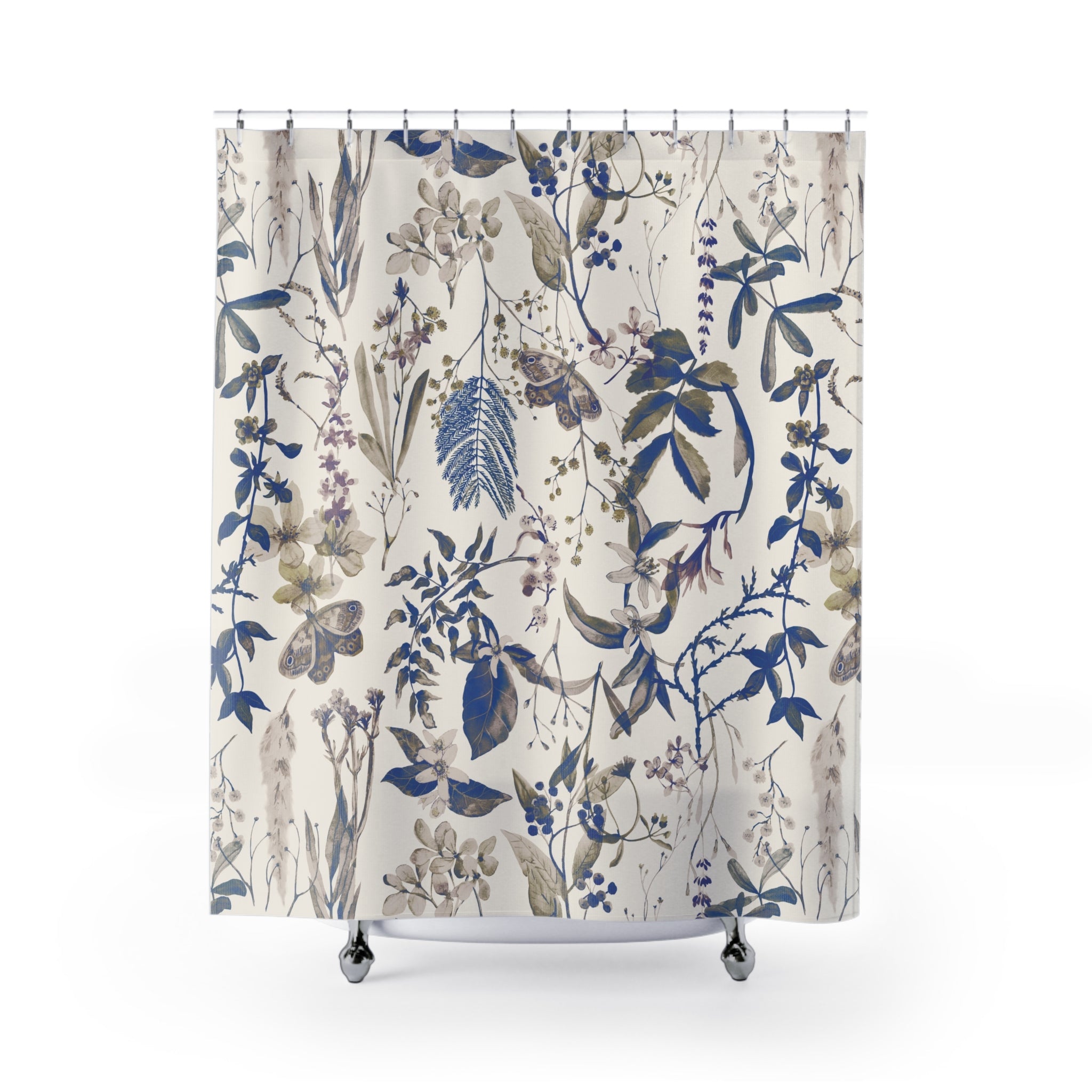 Vintage Blue and Purple Floral Shower Curtain with Butterflies