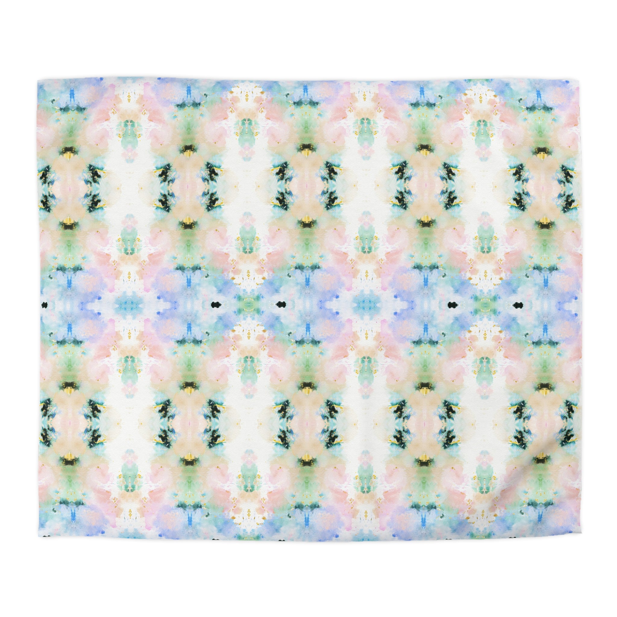 a repeating pattern of abstract, colorful shapes and designs in various shades of pink, blue, green, and yellow.