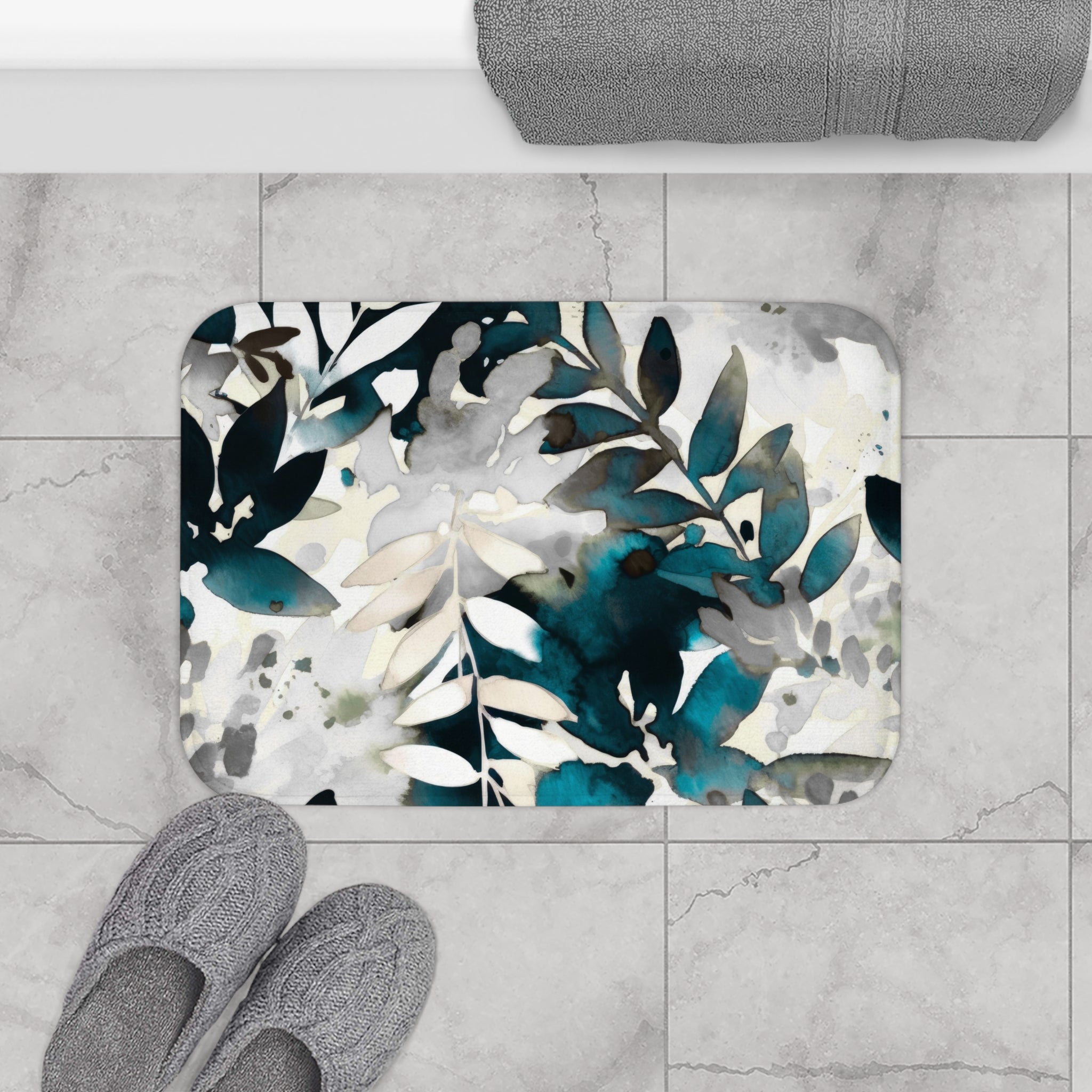 Abstract Bath Mat | Teal Blue White Floral Watercolor Kitchen Mat