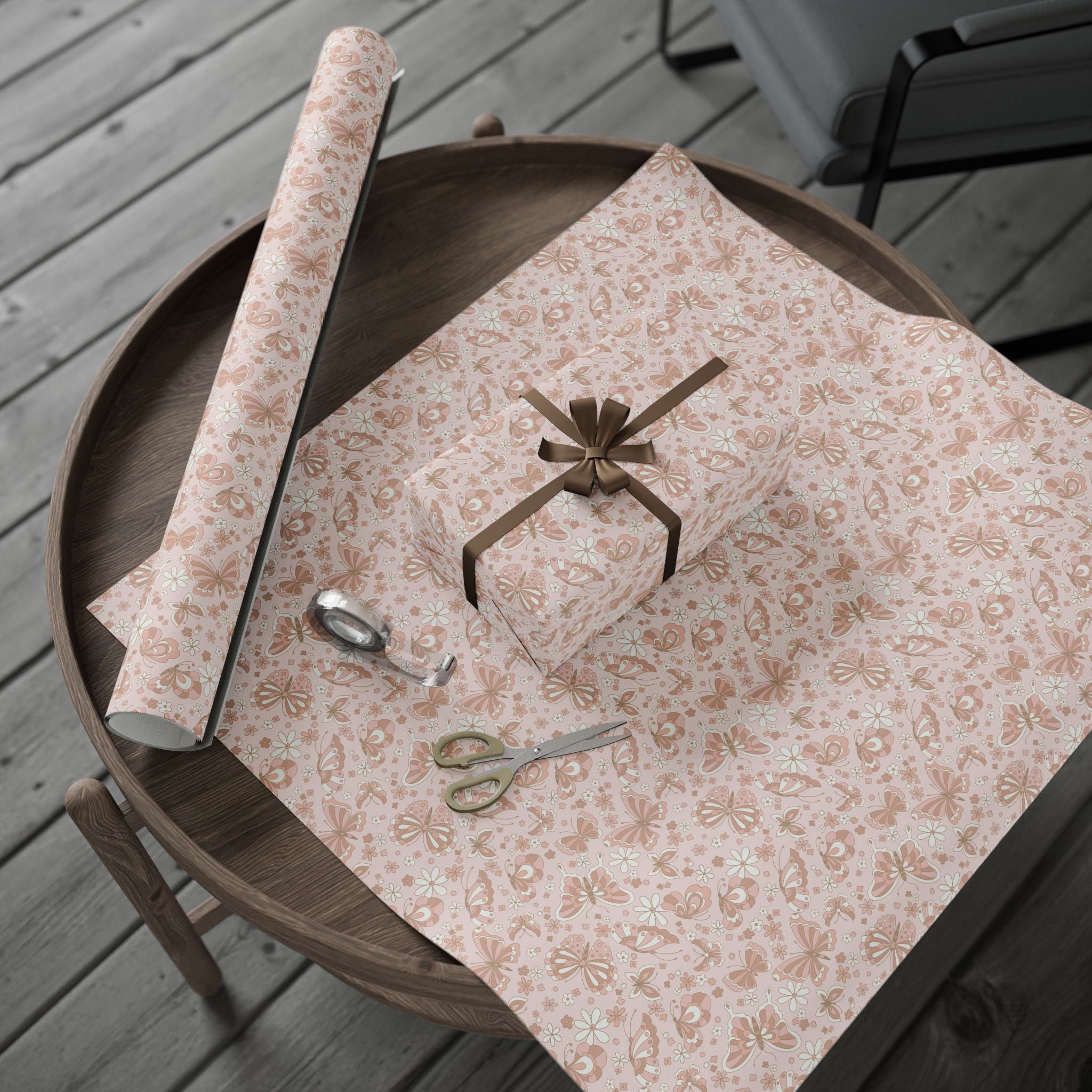 Retro Butterflies Wrapping Paper, Blush Pink Botanical Gift Wrapping for the Holidays, Birthdays