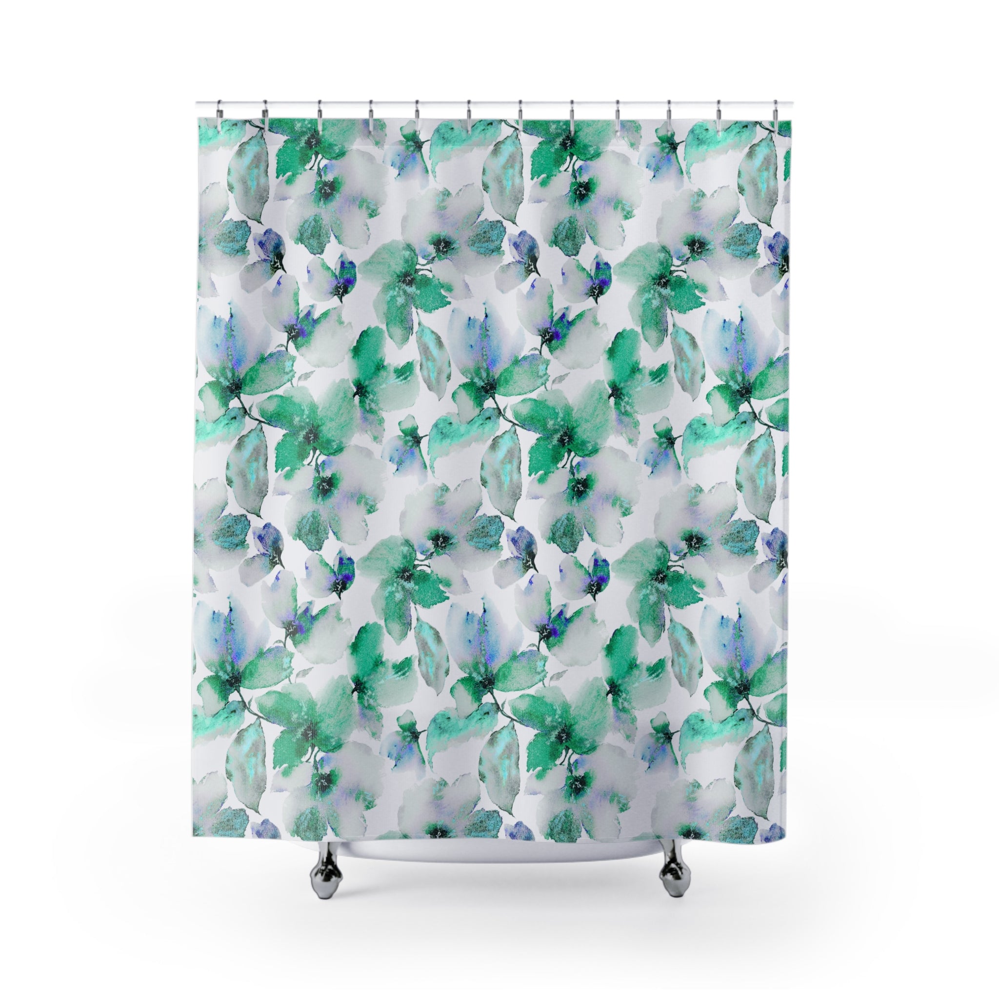 Floral Shower Curtain | Green, White Watercolor Bathroom Decor