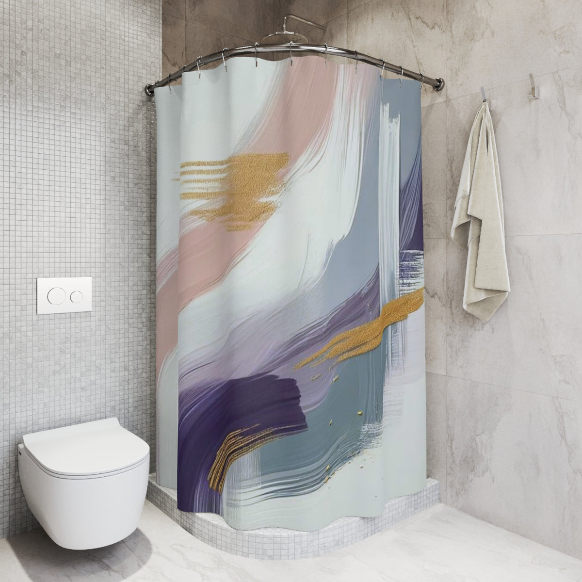 a bathroom with a shower curtain featuring a colorful abstract design in shades of pink, blue, and purple. The shower curtain is hanging on a rod next to a towel. The bathroom also includes a toilet and a sink.