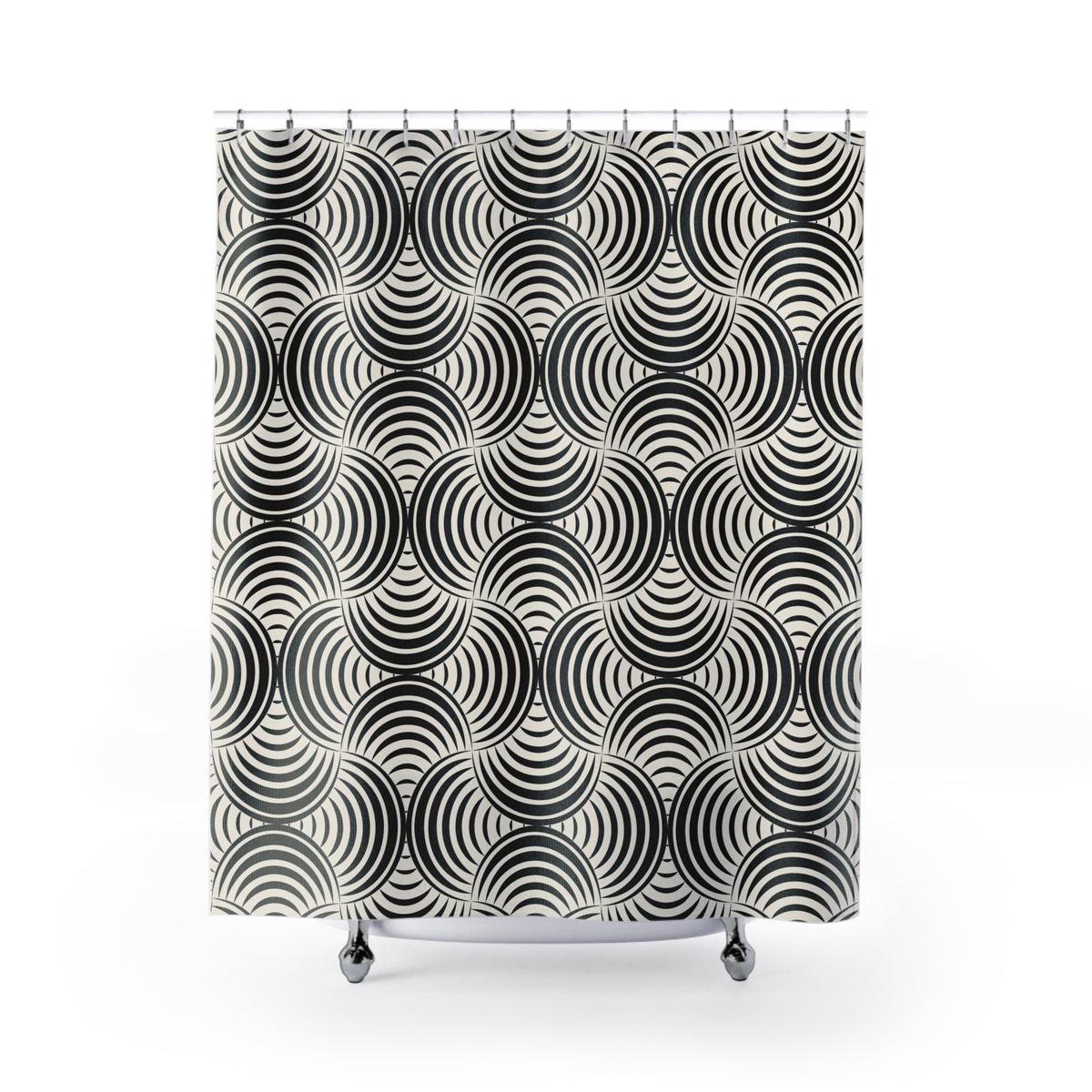 a shower curtain with a repeating pattern of black and white circles on a white background.