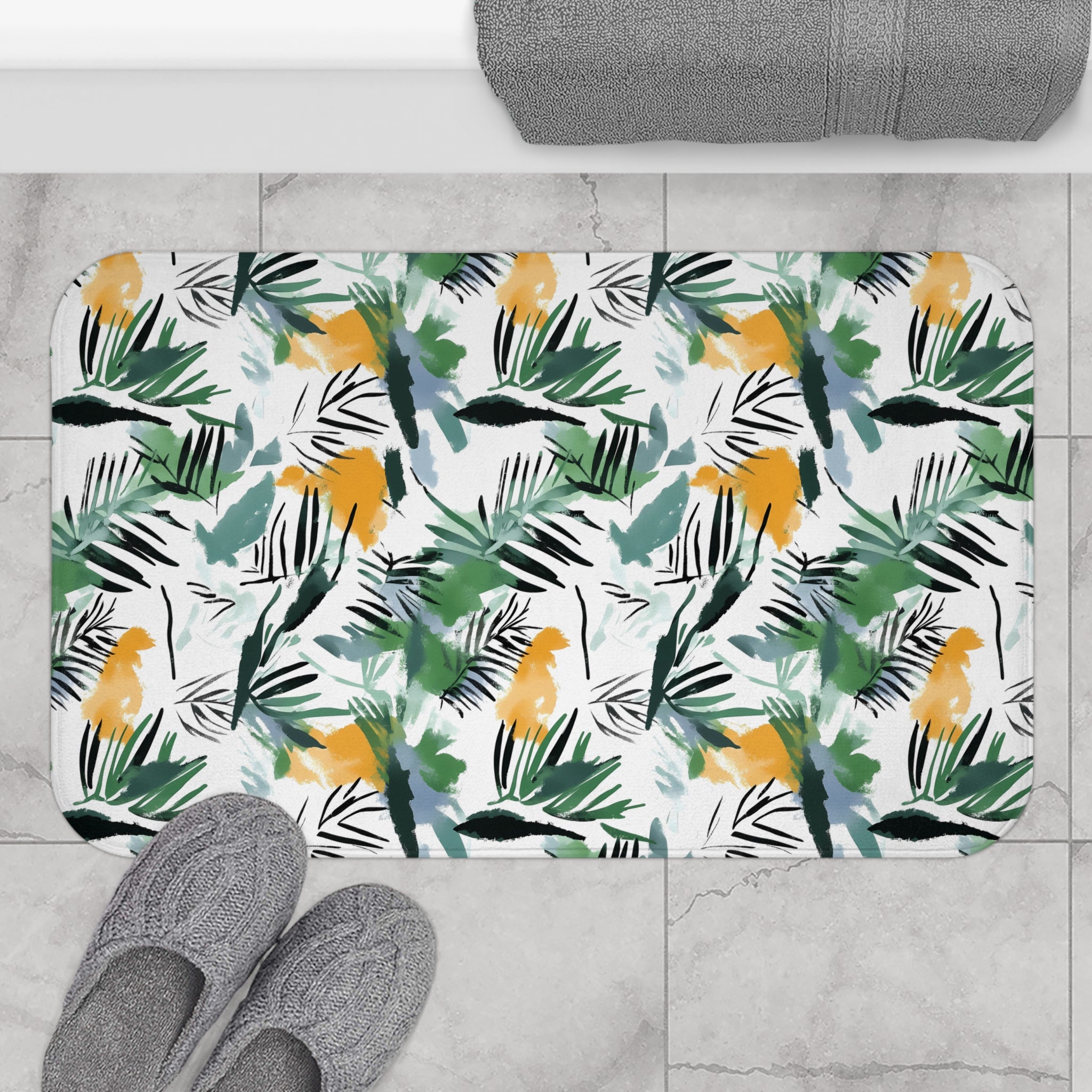 Jungle Bath Mat | White Green Yellow Leaves Floral Kitchen Mat