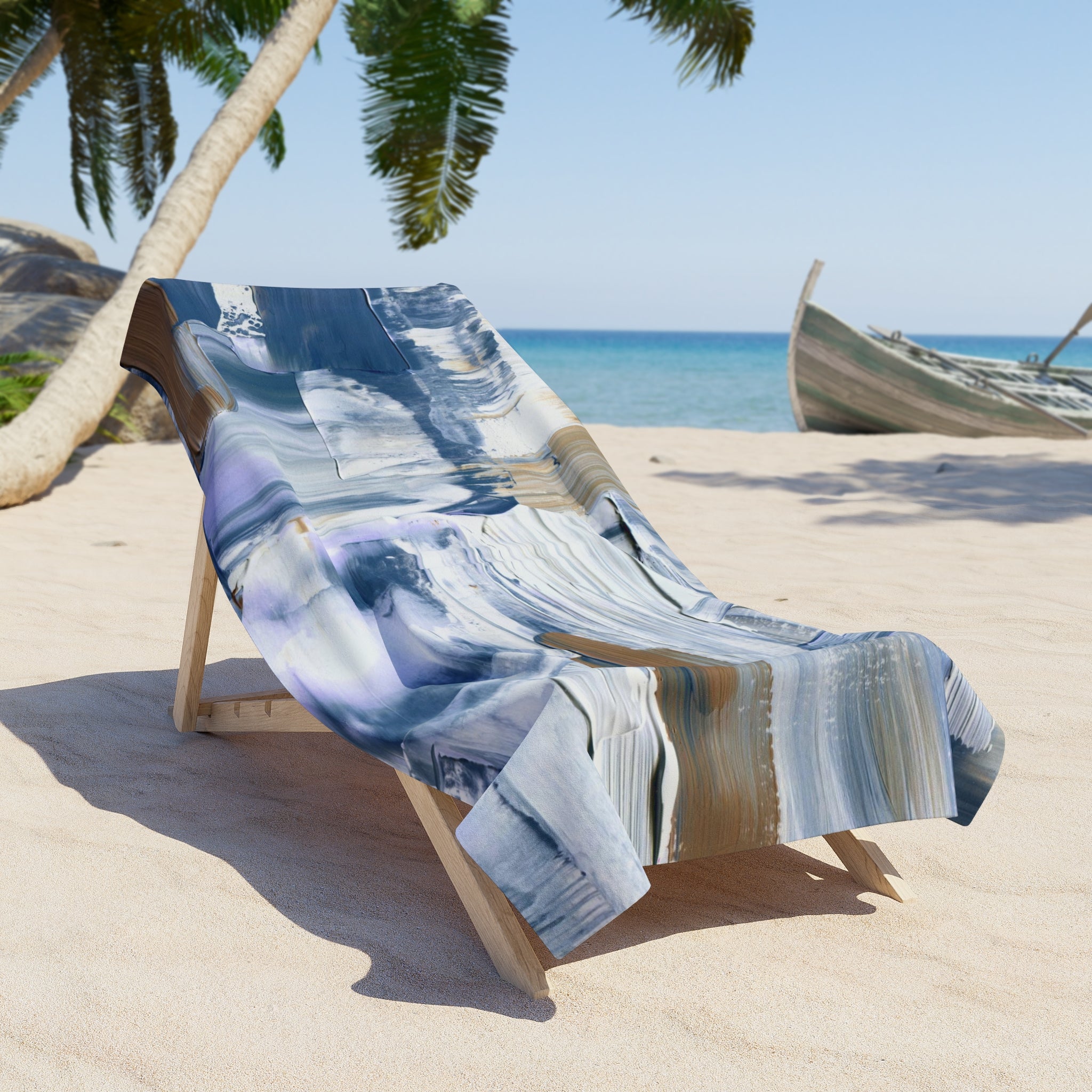 Boho Bath Beach Towel | Abstract Indigo Pale Blue, White Beige Brown
