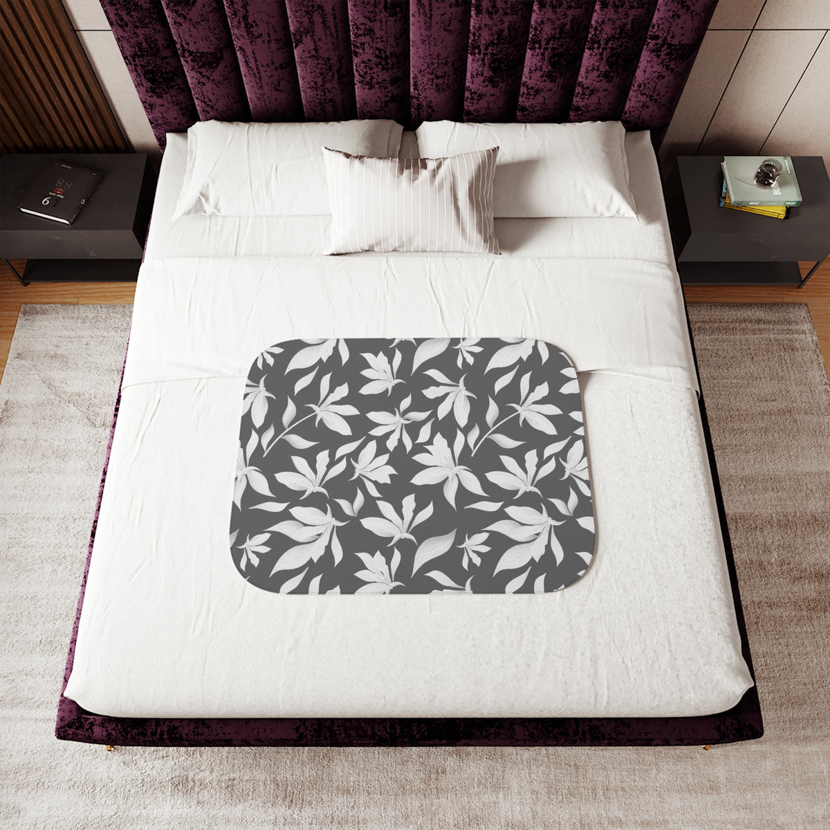 Charcoal Gray White Lily Sherpa Blanket | Modern Floral Throw
