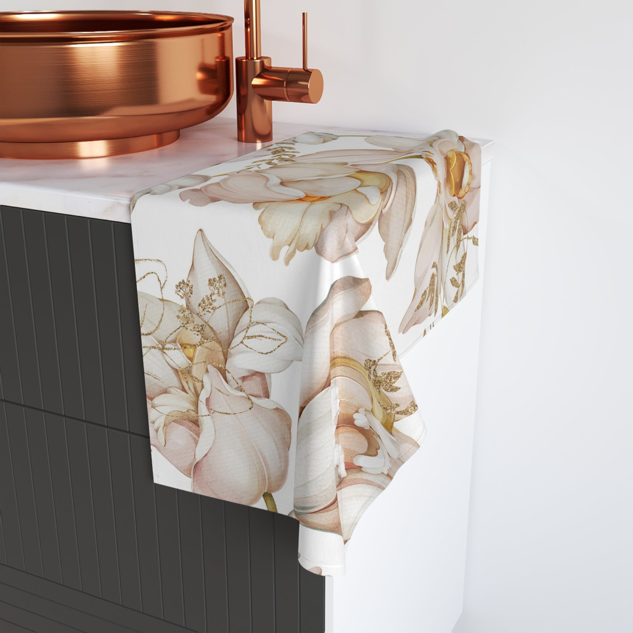 Boho Floral Kitchen, Bath Hand Towel | White Blush Pink Orchids