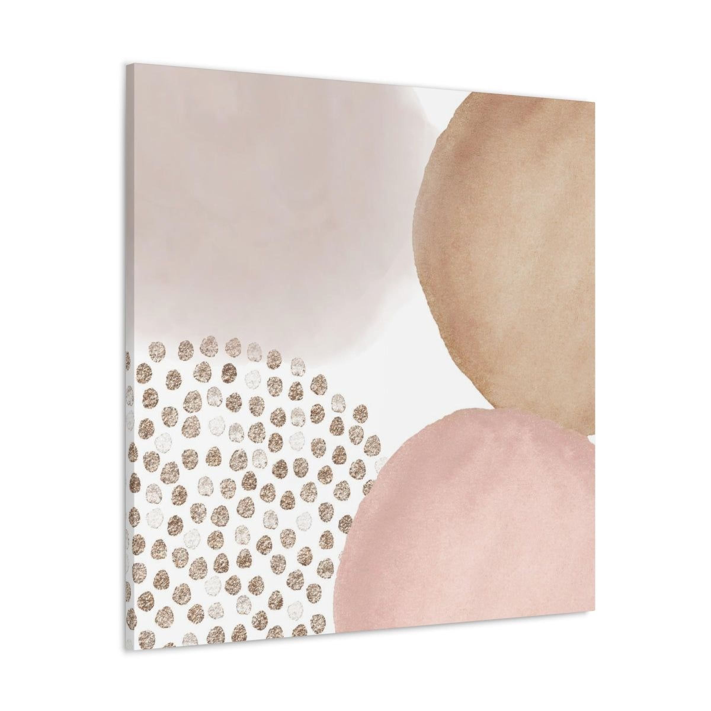 The image is a square canvas print featuring abstract shapes and patterns in various shades of pink and beige.
