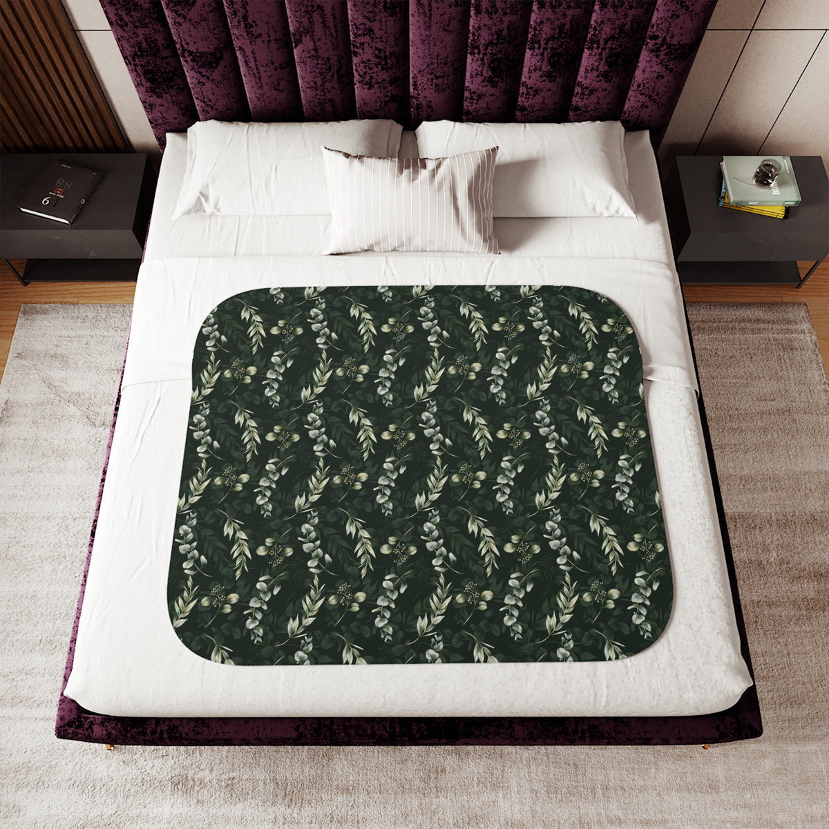 Forest Green Eucalyptus Sherpa Blanket | Dark Sage Botanical Throw