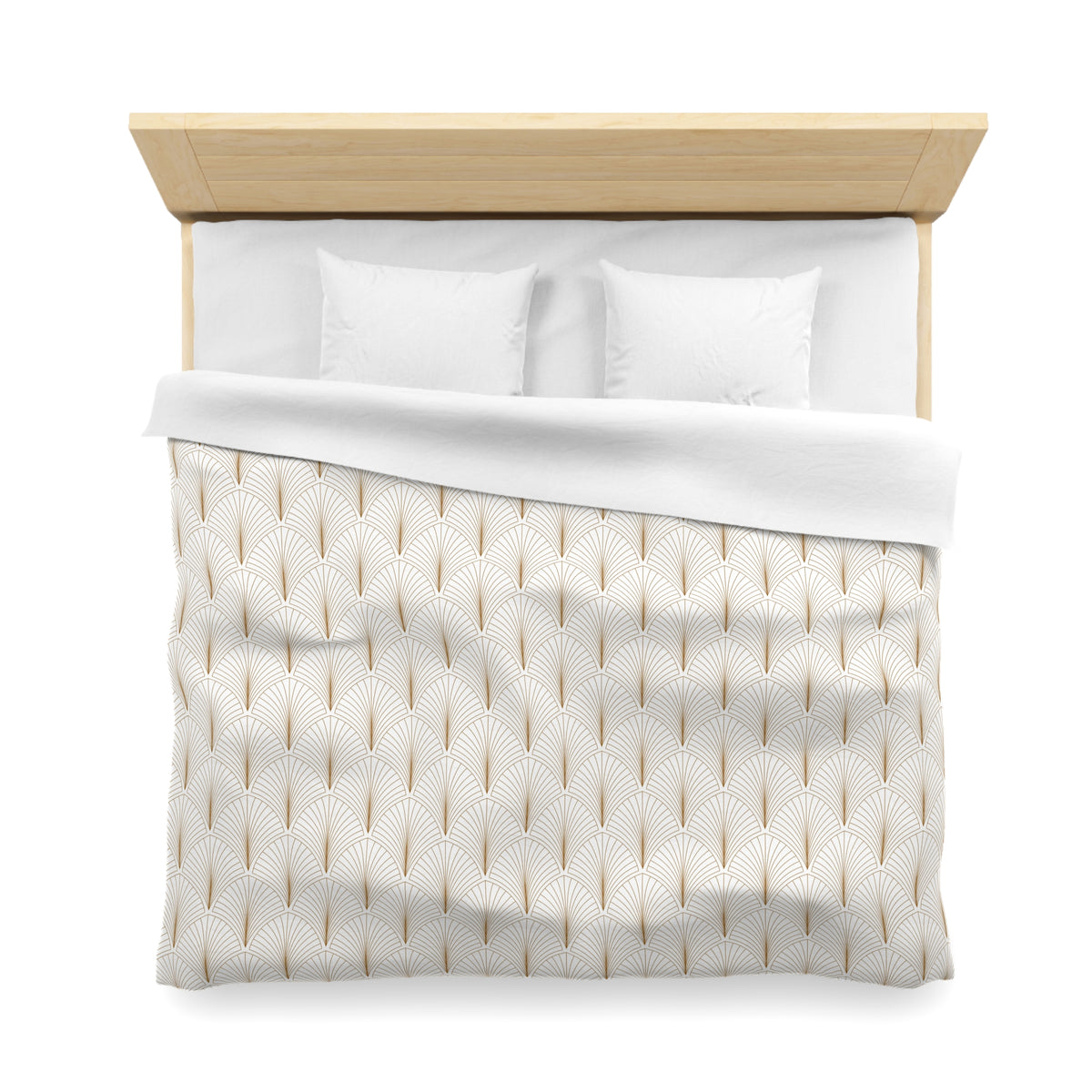 A neatly made bed with a white comforter and pillows, featuring a patterned design in shades of white and gold.