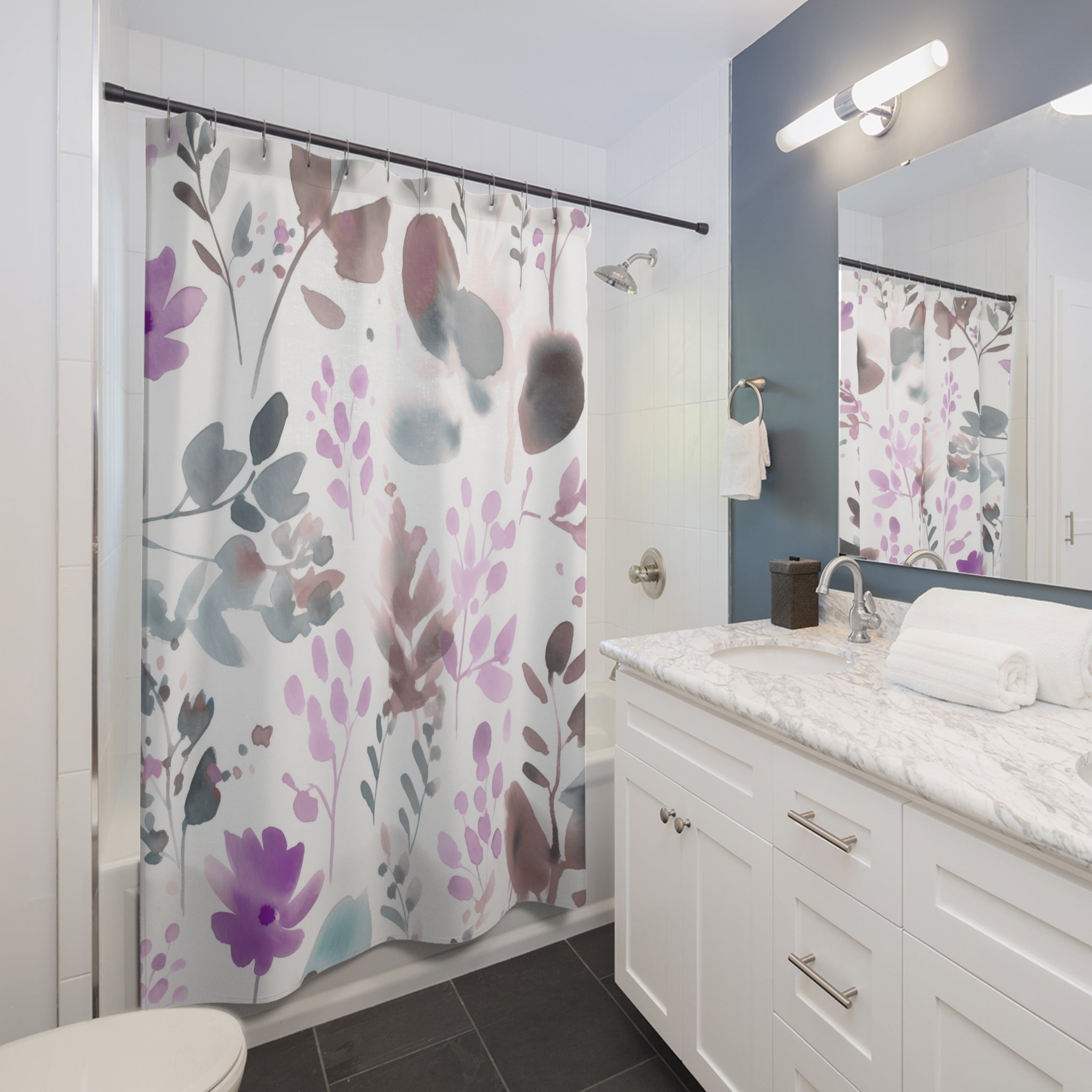 Boho Shower Curtain, Bath Mat | Lilac Purple Blue White Bathroom Set