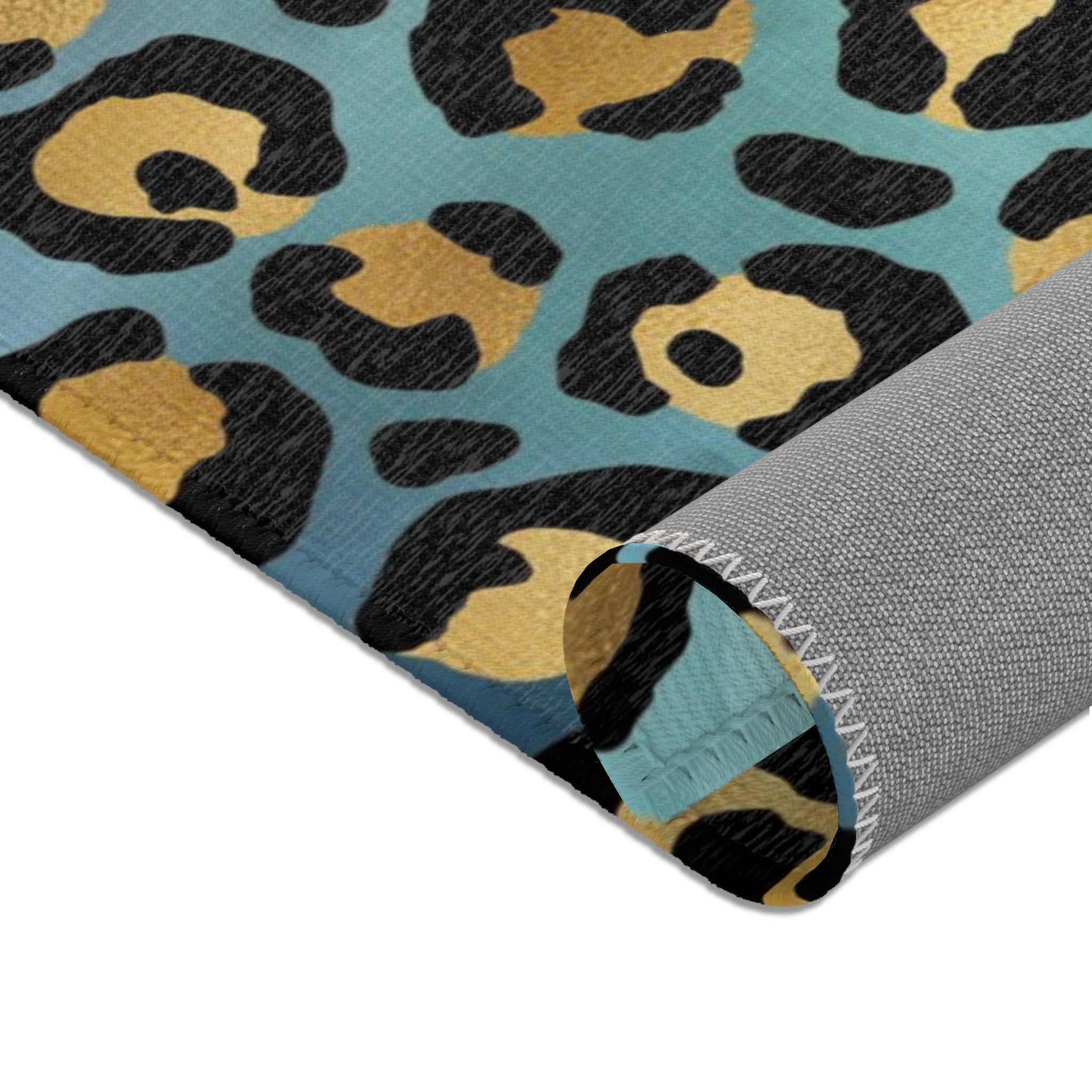 Blue Large Area Rug | Gold Beige, Teal Green Animal Print