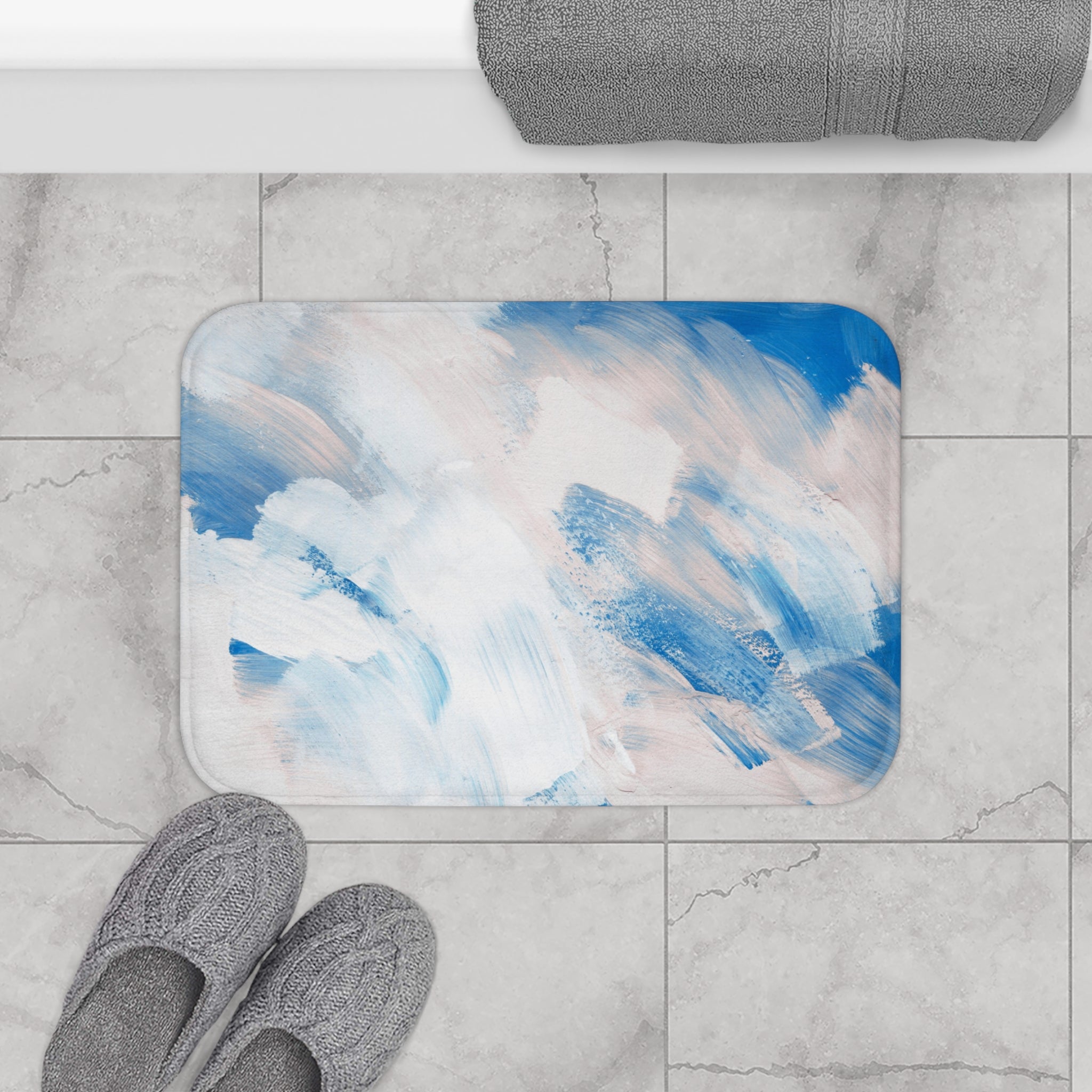 Abstract Bath Mat | Sky Ocean Blue Blush White Kitchen Mat