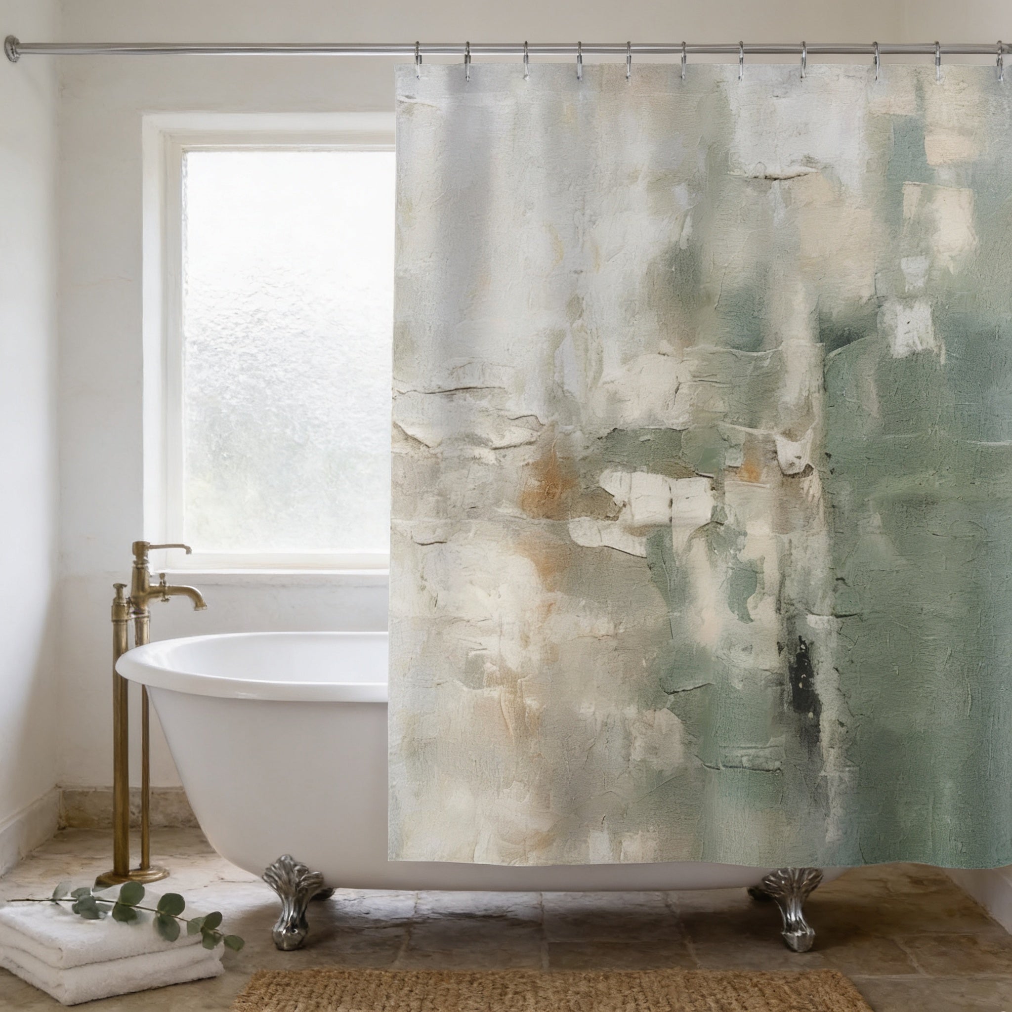 a bathroom with a white clawfoot bathtub, a window, and a shower curtain with a textured green and white pattern.