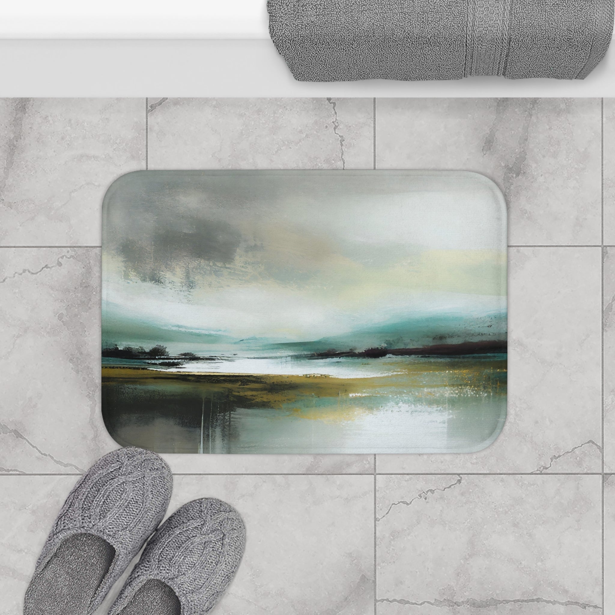 Boho Kitchen, Bath Mat | Abstract Landscape, Grey Teal Green