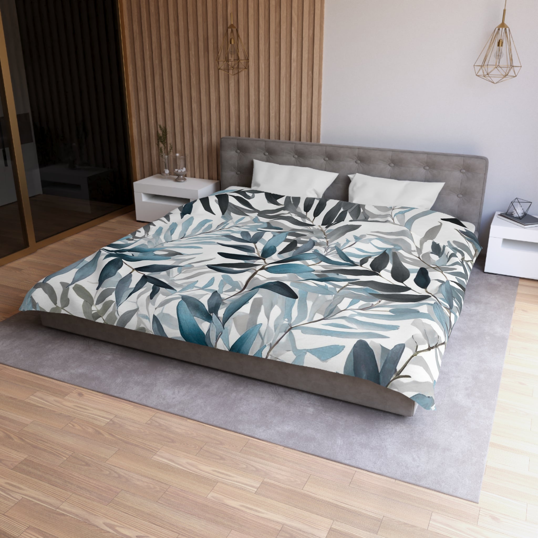 Floral Duvet, Pillow Cover | Blue Grey White Leaves Bedroom Decor