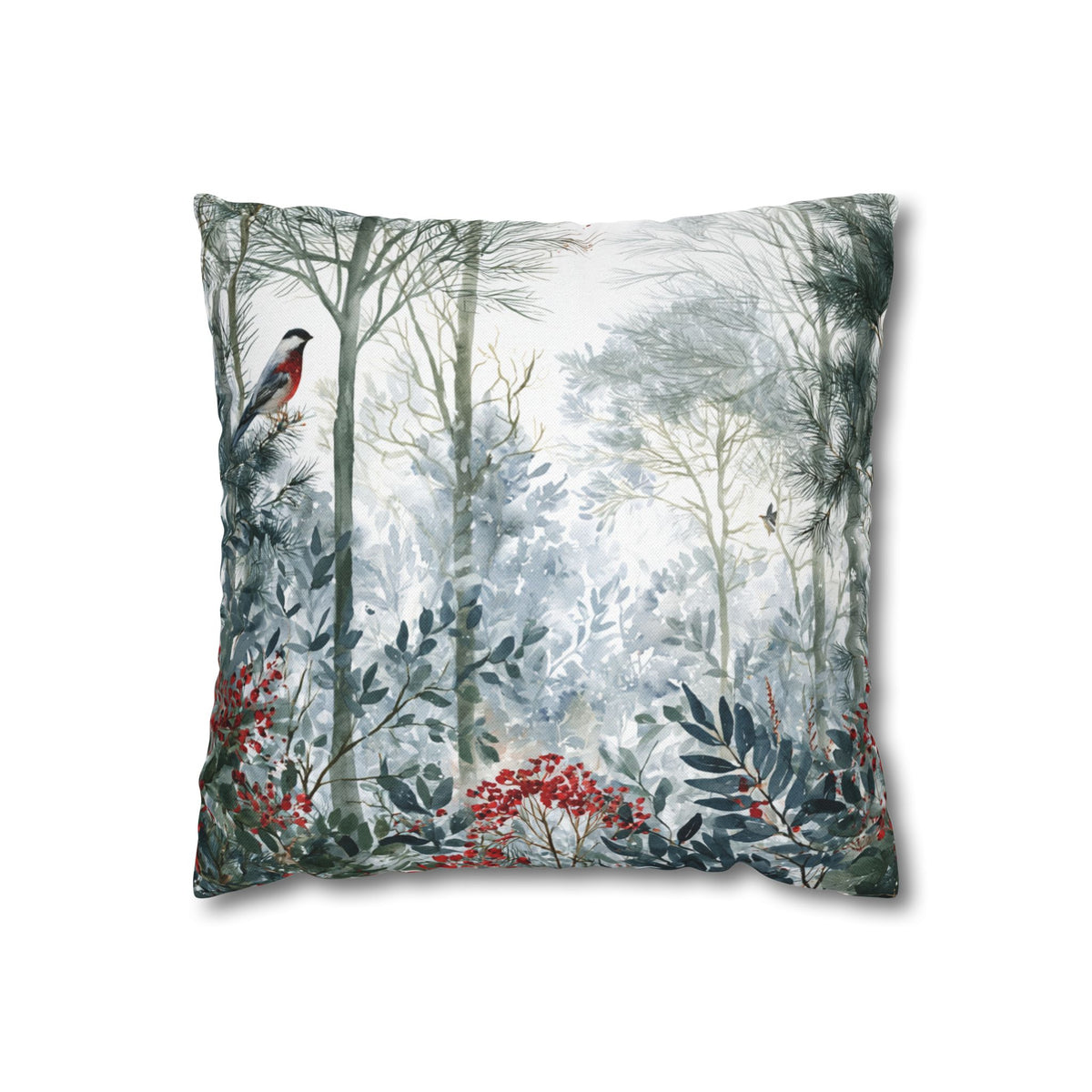 Forest Bird Pillow Cover | Green Teal Red Berry Woodland Pillowcase