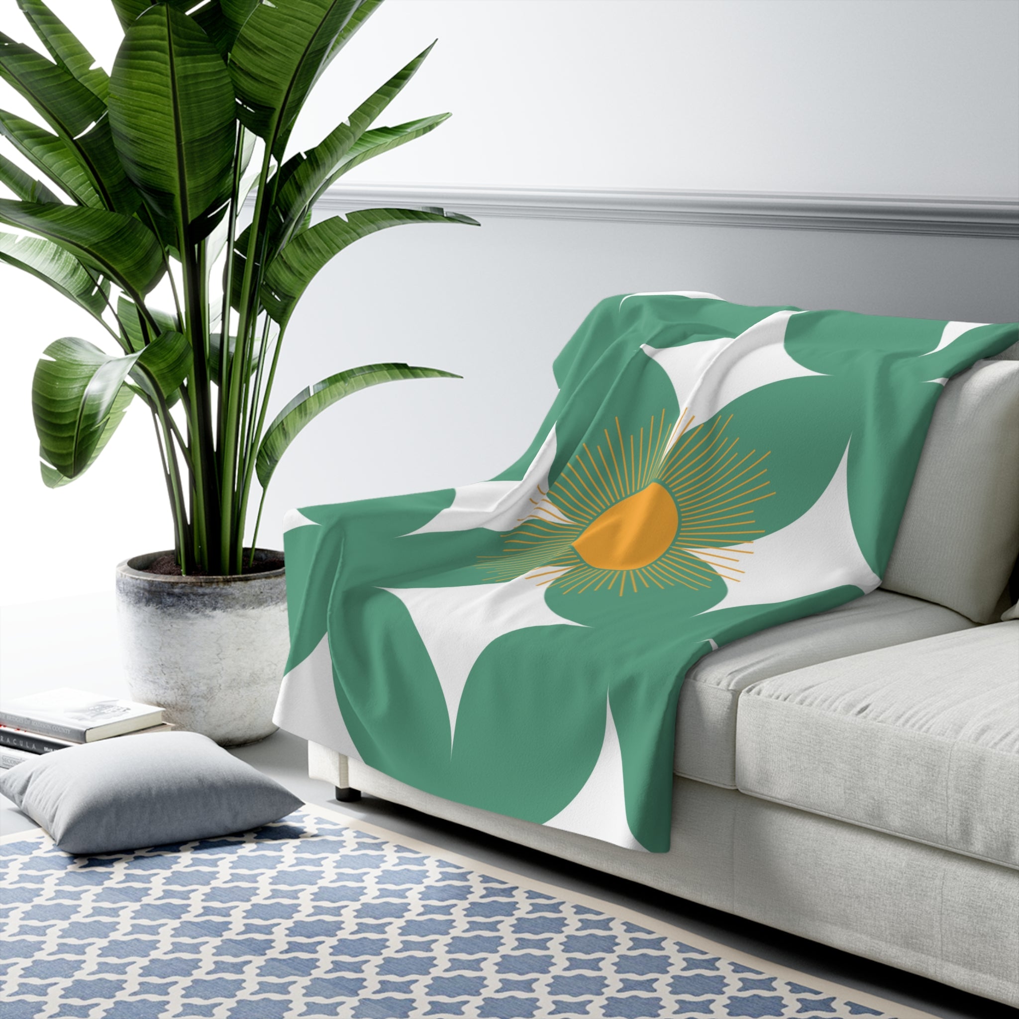 Mid Century Comfy Blanket | Sage Green, White, Orange Sun Rays