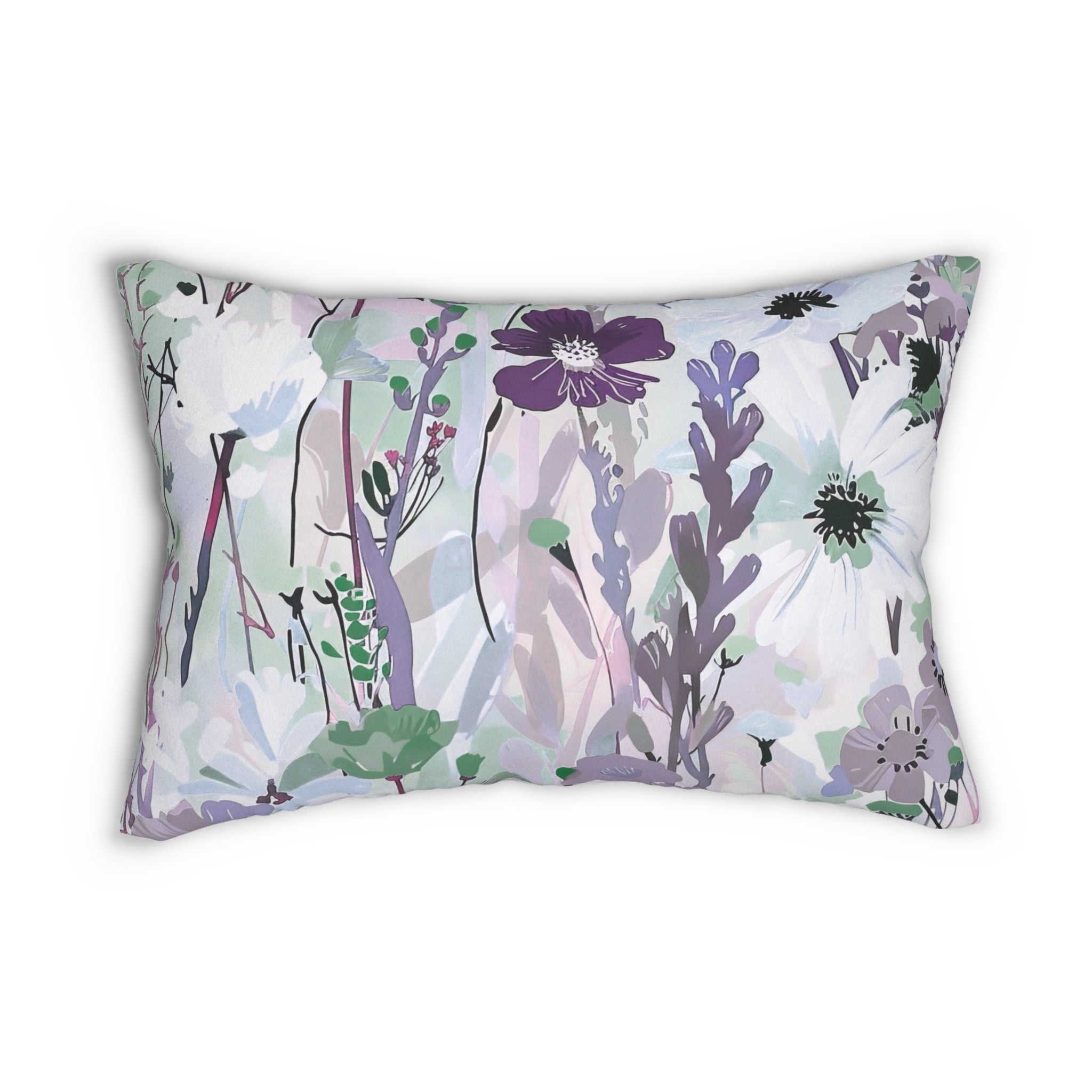 Abstract Floral Lumbar Pillow | Sage Green Blue Purple White
